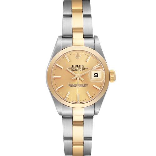 The Rolex Datejust 79163 Men's Steel and Gold (two tone) Champagne Dial is shown from the front, displaying the face, bezel, hands, date, and part of the bracelet.