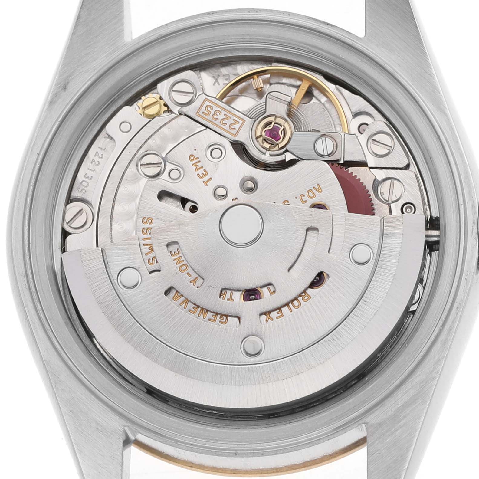 The image shows the detailed internals and movement of a Rolex Datejust 79163 Men's Steel and Gold (two tone) Champagne Dial watch from the back.