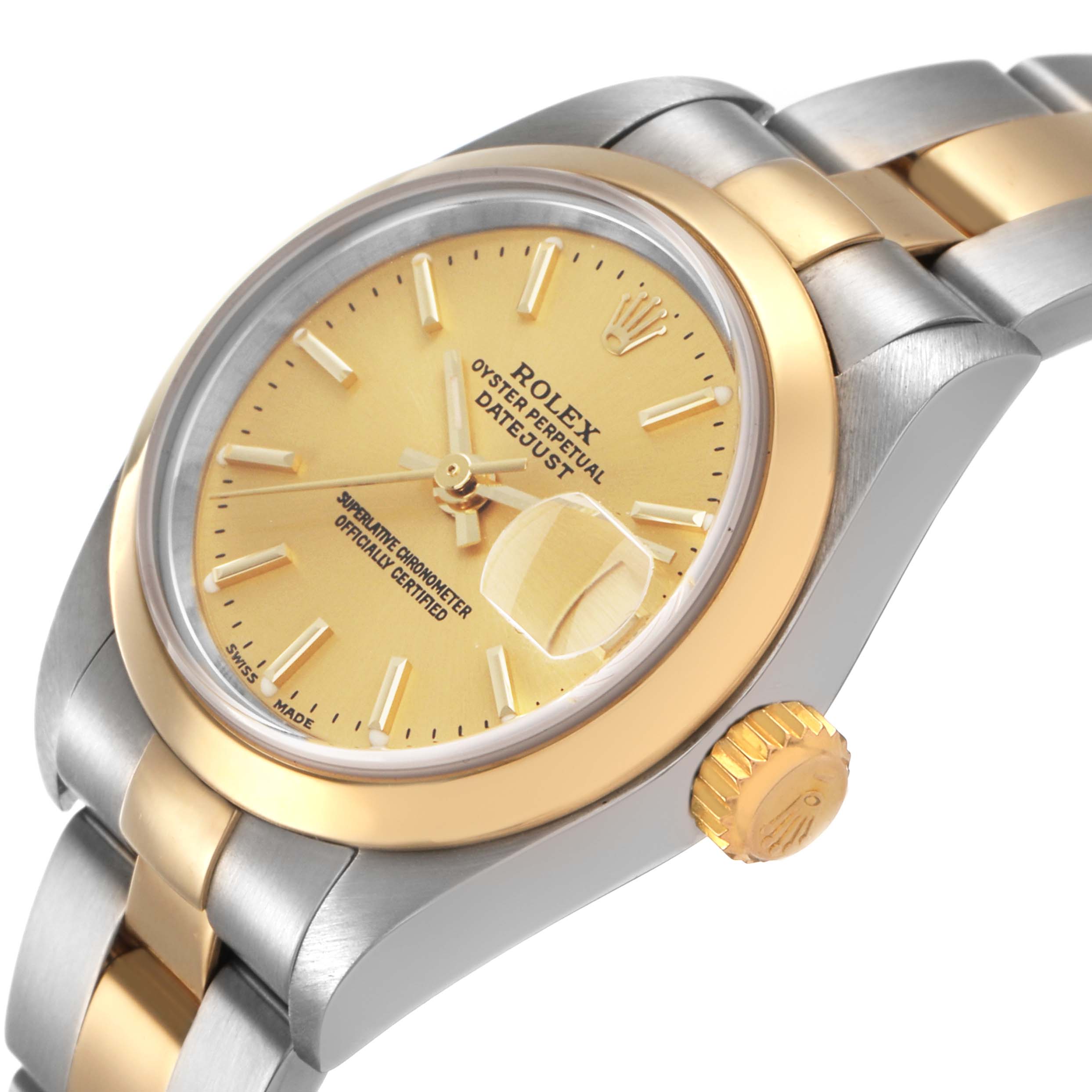 The Rolex Datejust 79163 Men's Steel and Gold (two tone) Champagne Dial watch is shown at a slight angle, highlighting its face, bezel, crown, and bracelet.