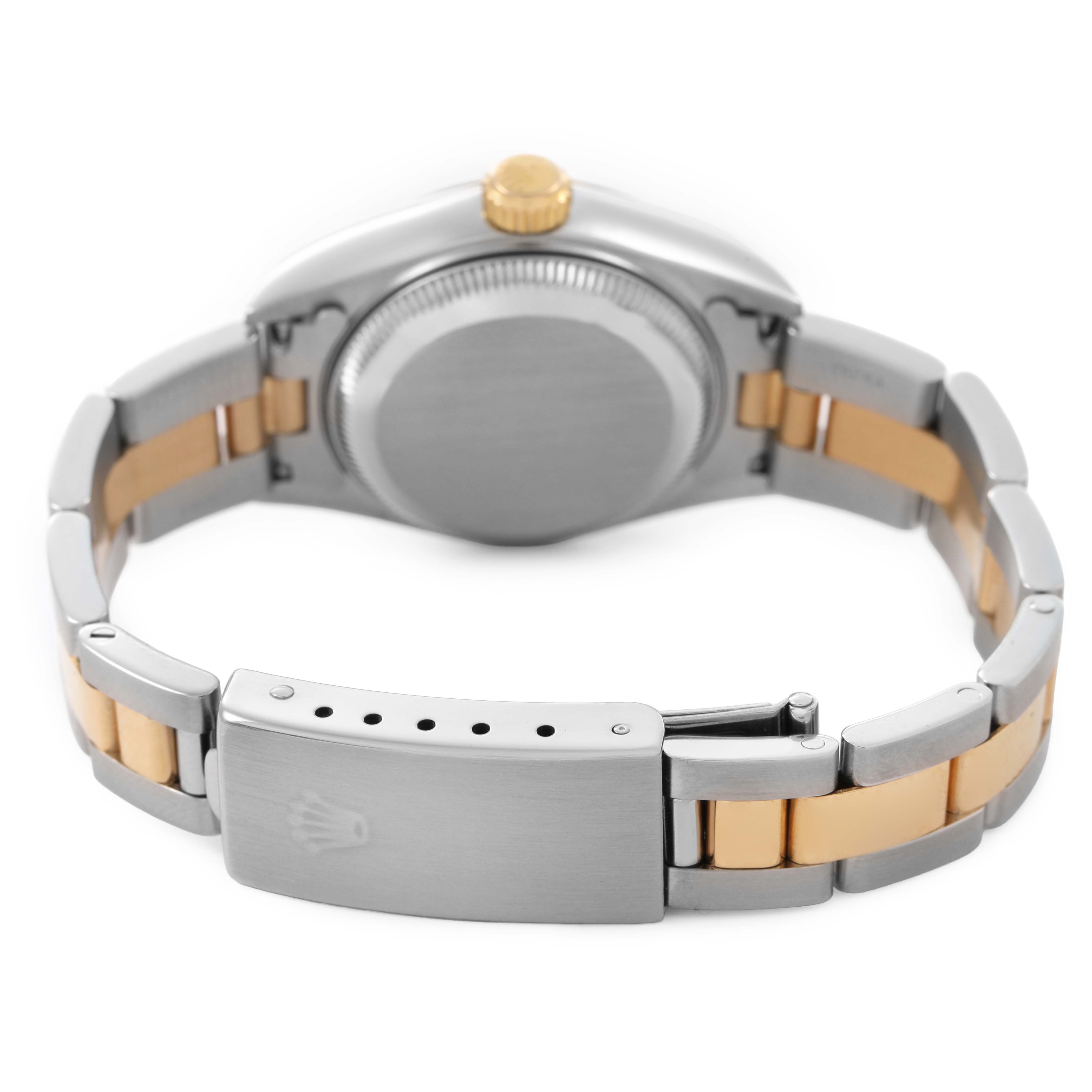 The image shows the back of a Rolex Datejust 79163 Men's Steel and Gold (two tone) Champagne Dial watch, highlighting the bracelet clasp, case back, and crown.