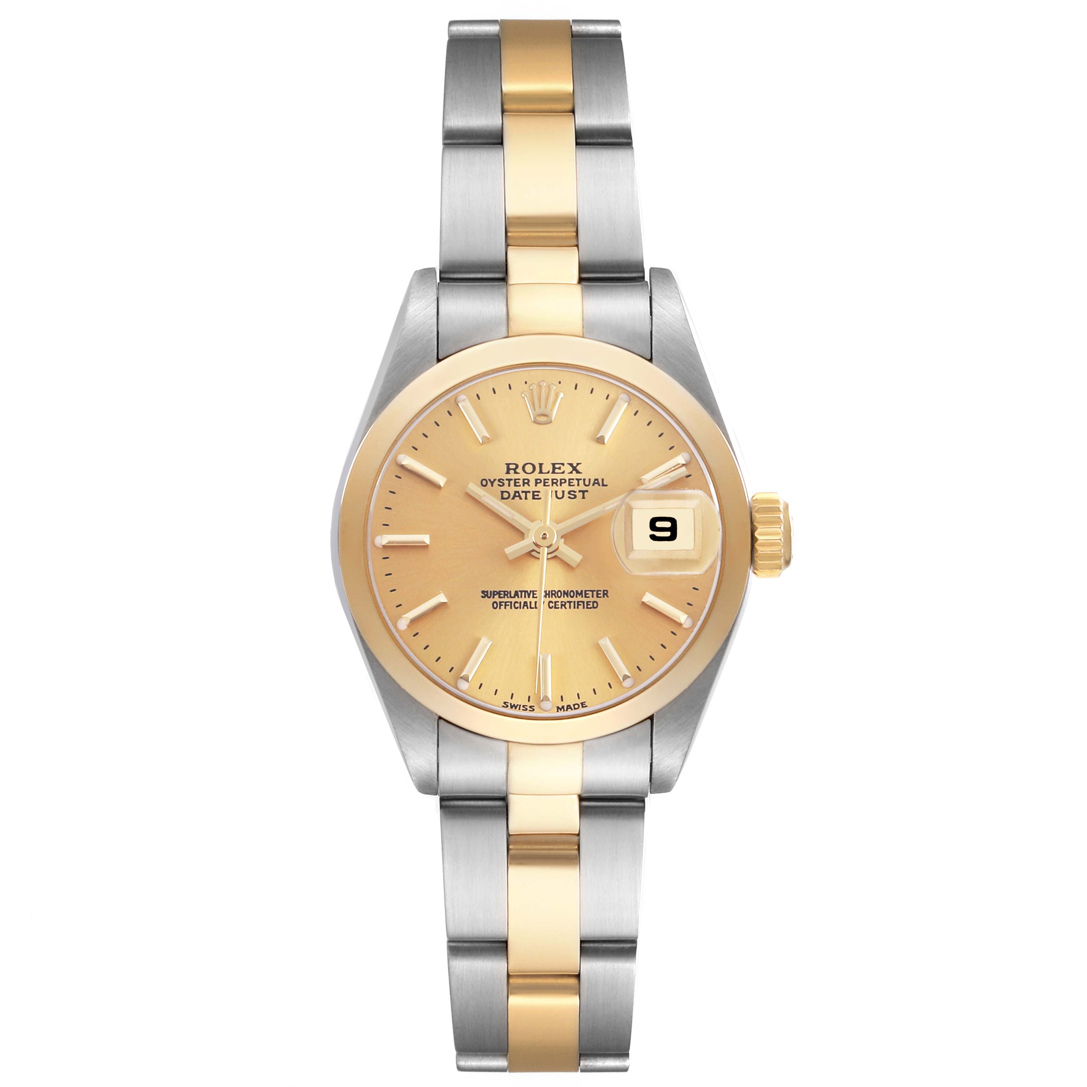 The Rolex Datejust 79163 Men's Steel and Gold (two tone) Champagne Dial watch is shown from the front, displaying its dial, bezel, bracelet, and date window.