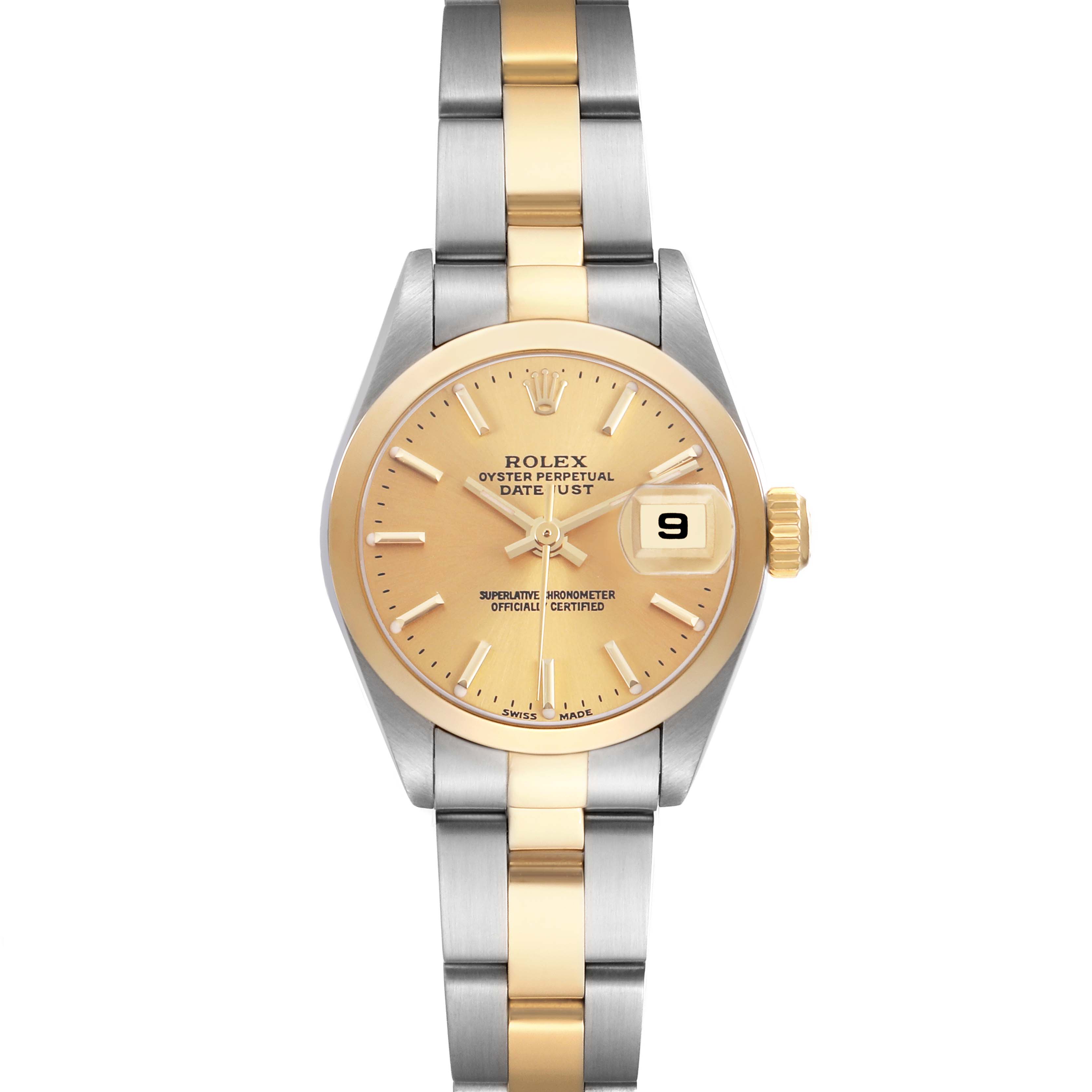 The Rolex Datejust 79163 Men's Steel and Gold (two tone) Champagne Dial is shown from the front, highlighting the dial, hands, date window, and two-tone bracelet.