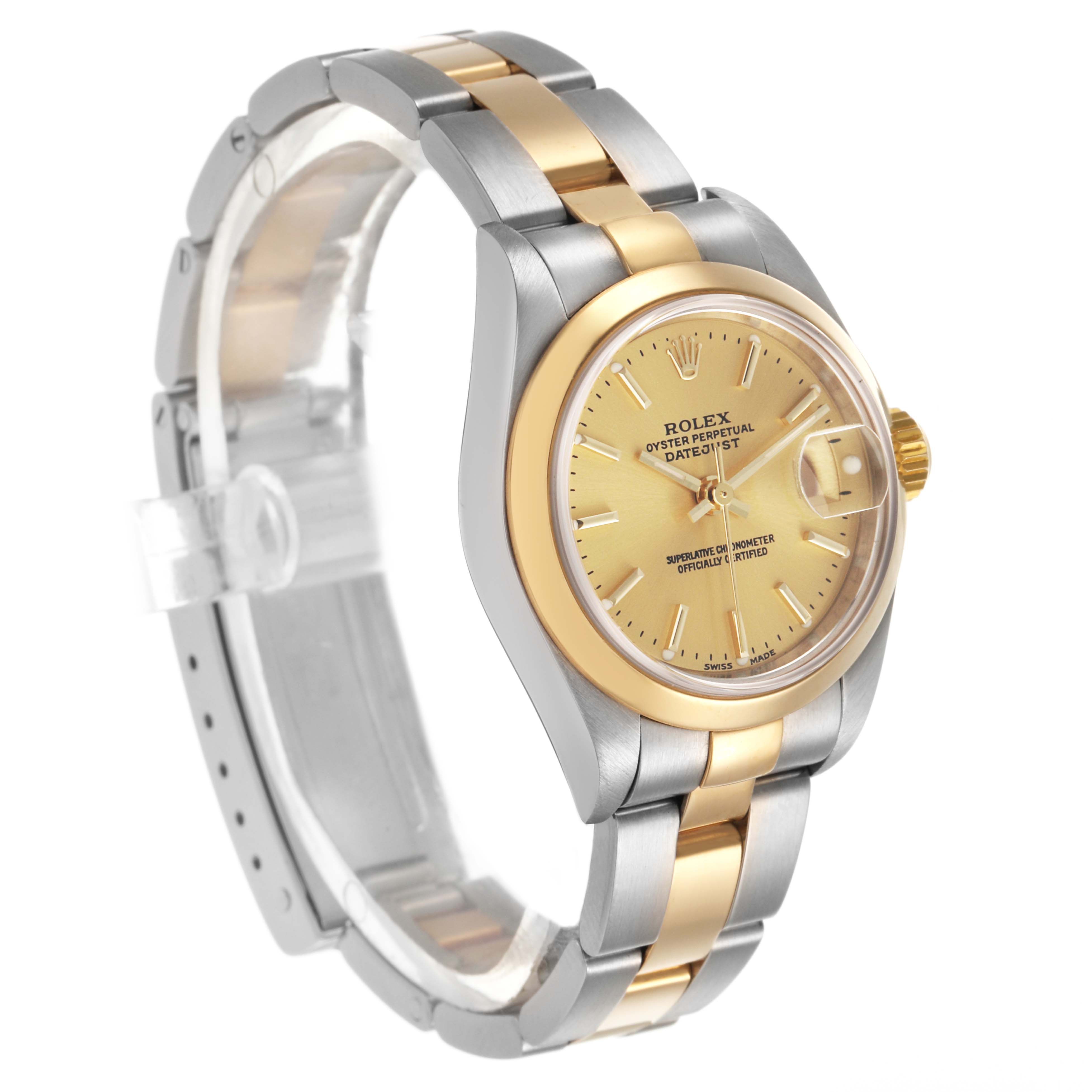 The Rolex Datejust 79163 Men's Steel and Gold (two tone) Champagne Dial is shown at a three-quarter angle, highlighting the face, bracelet, and bezel.