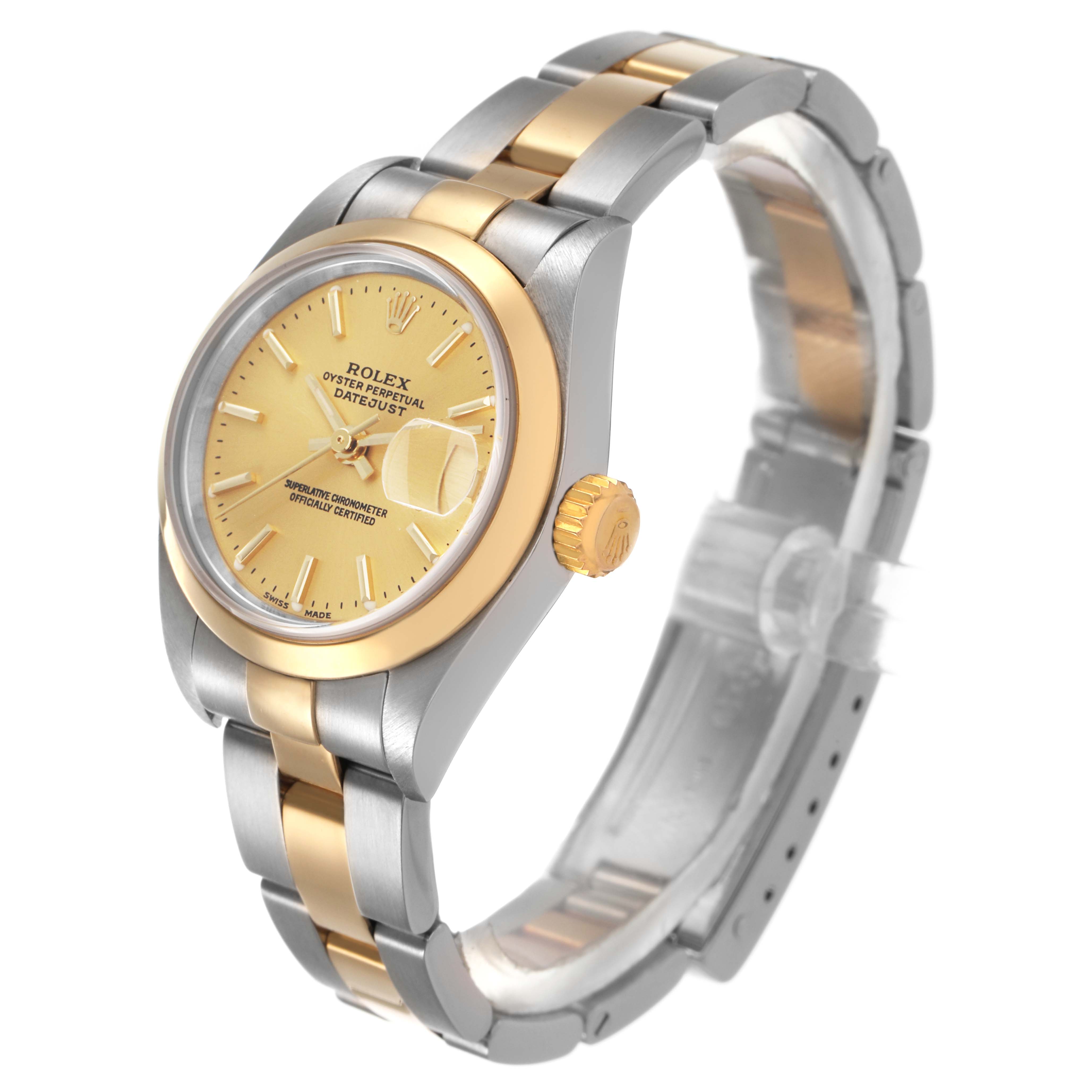 The Rolex Datejust 79163 Men's Steel and Gold (two tone) Champagne Dial watch is shown at a three-quarter angle, highlighting the dial, bezel, crown, and two-tone bracelet.
