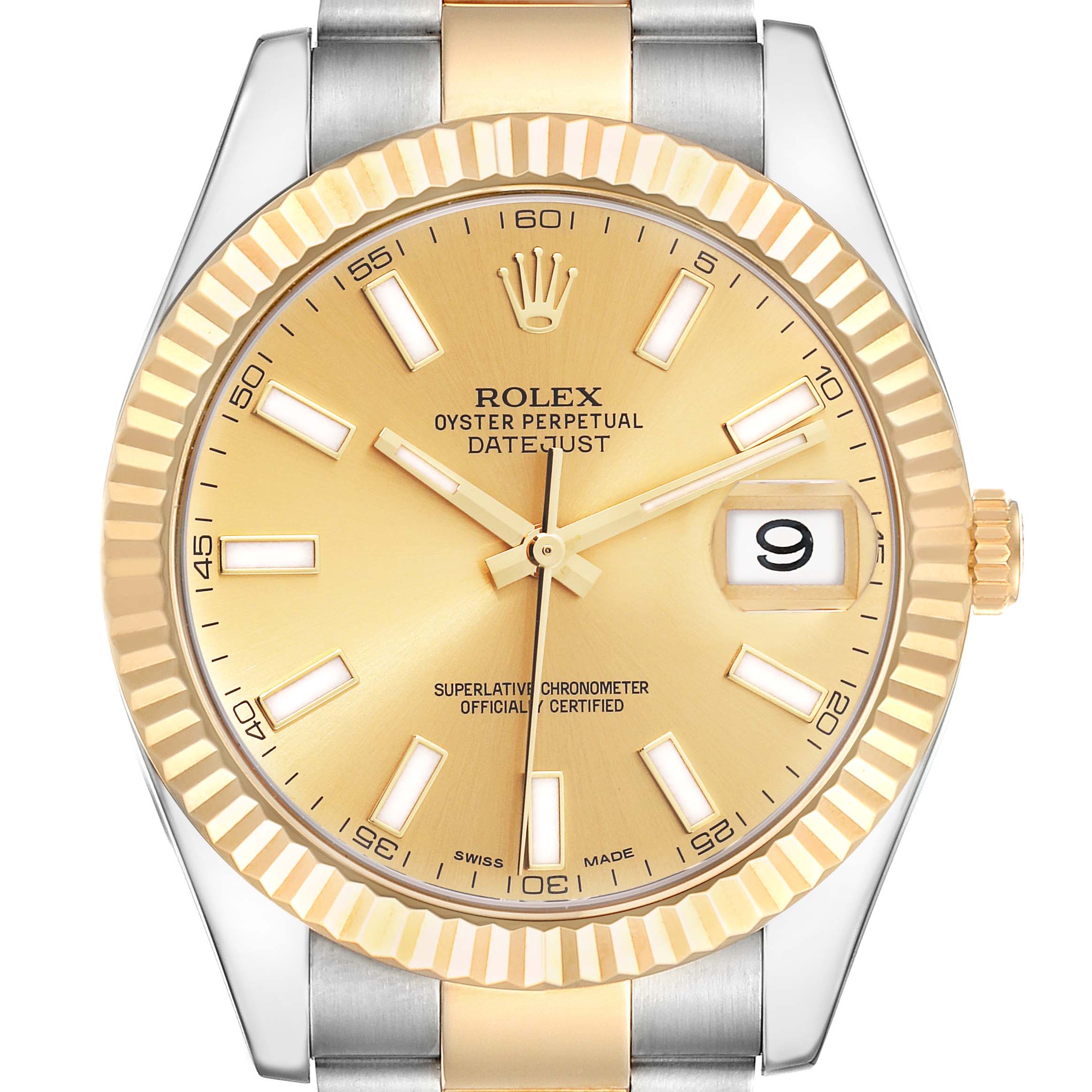 This image shows a front view of the Rolex Datejust 116333 Men
s Steel and Gold (two tone) Champagne Dial 116333 Men
s Steel and Gold (two tone) Champagne Dial watch, highlighting its gold dial, fluted bezel, and two-tone bracelet.