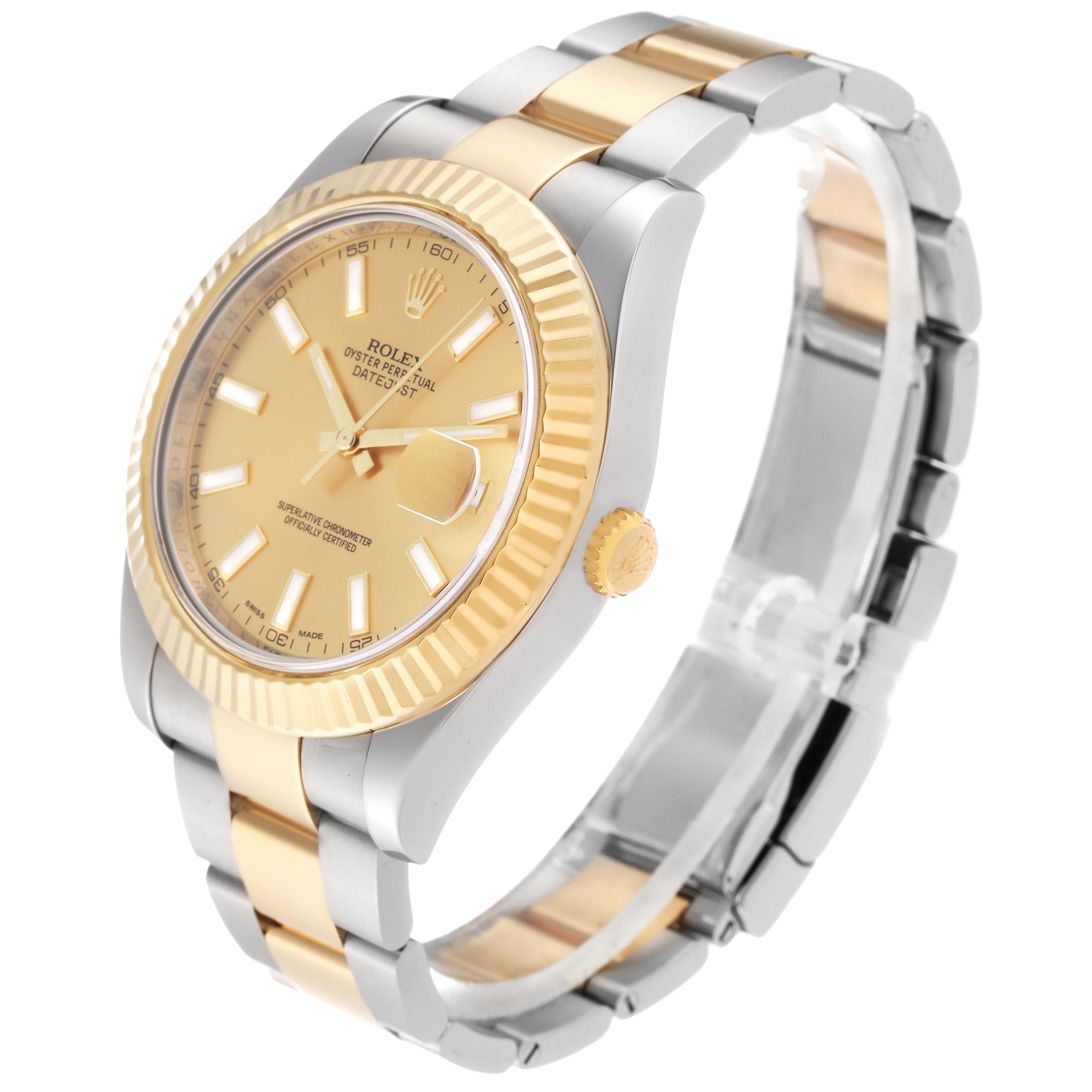 The image shows a Rolex Datejust 116333 Men
s Steel and Gold (two tone) Champagne Dial 116333 Men
s Steel and Gold (two tone) Champagne Dial watch at a three-quarter angle, highlighting its gold and silver bracelet, fluted bezel, and dial with date display.