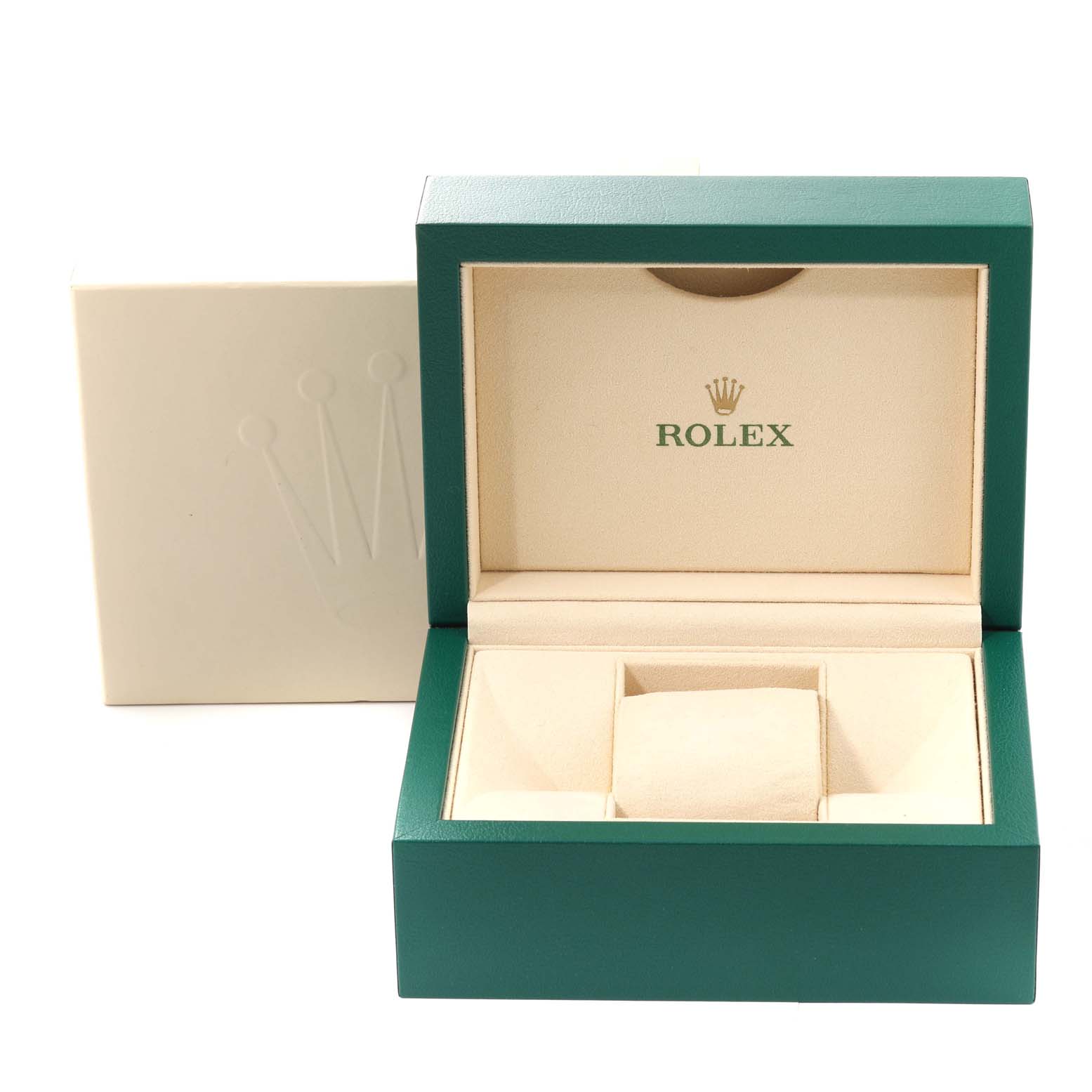 The image shows an open green and beige Rolex Datejust 116333 Men
s Steel and Gold (two tone) Champagne Dial 116333 Men
s Steel and Gold (two tone) Champagne Dial watch box, angled to display the interior.