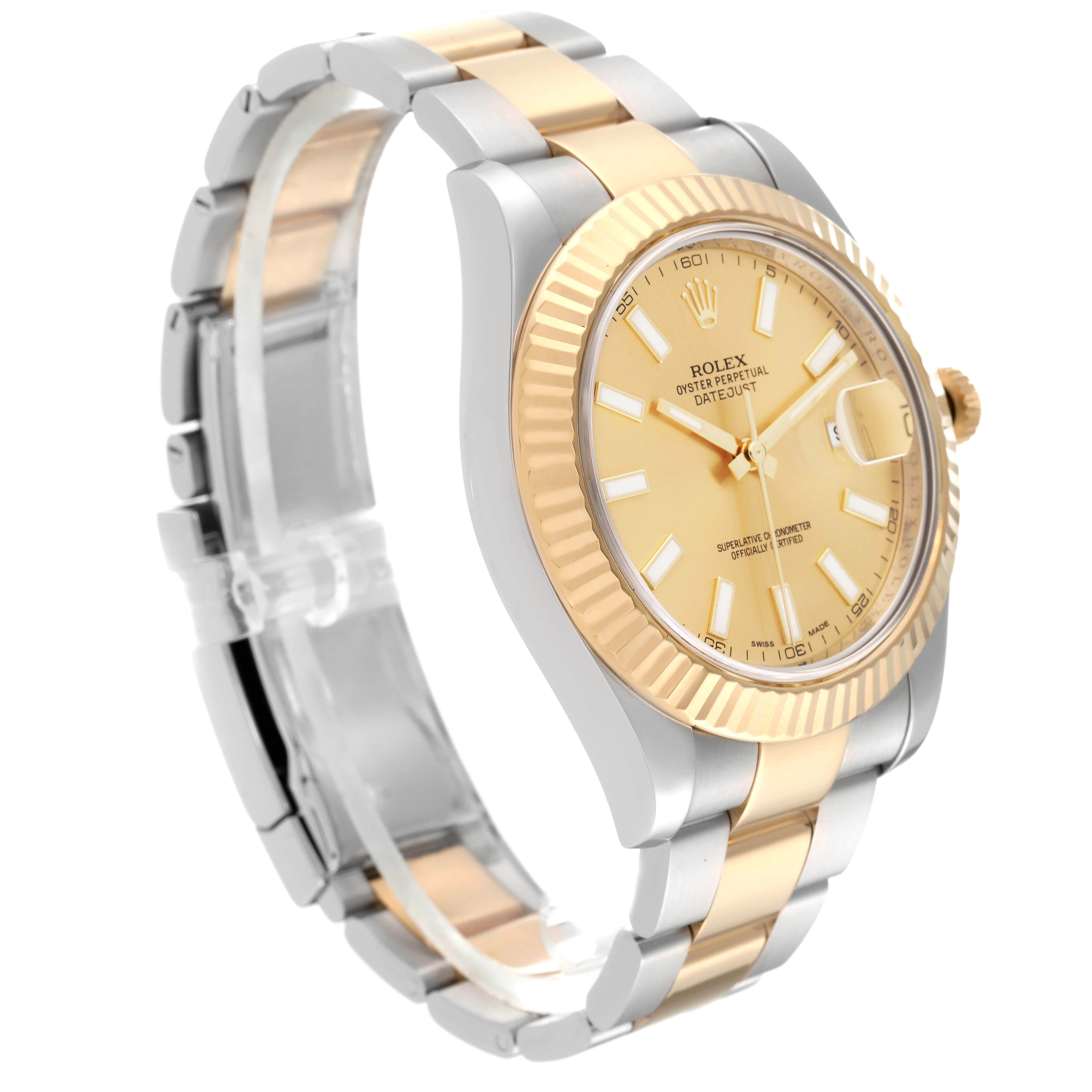 This image shows a side angle view of a Rolex Datejust 116333 Men
s Steel and Gold (two tone) Champagne Dial 116333 Men
s Steel and Gold (two tone) Champagne Dial watch, highlighting the gold and silver bracelet, fluted bezel, and champagne dial.