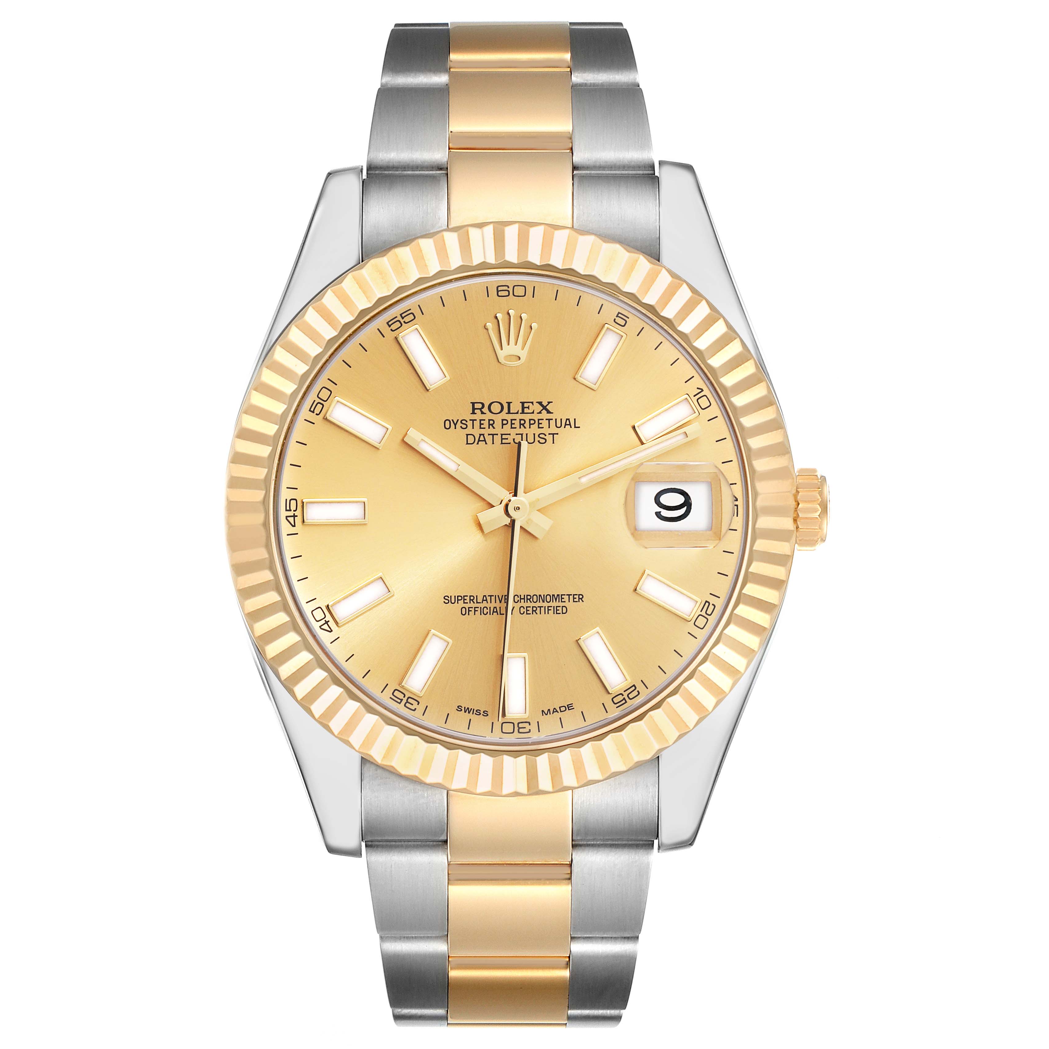 This image shows a gold and silver Rolex Datejust 116333 Men
s Steel and Gold (two tone) Champagne Dial 116333 Men
s Steel and Gold (two tone) Champagne Dial watch from a front angle, highlighting its dial and bracelet.