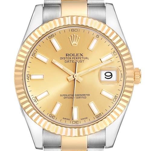 The Rolex Datejust watch is shown from a front angle, highlighting the dial, bezel, and part of the bracelet.