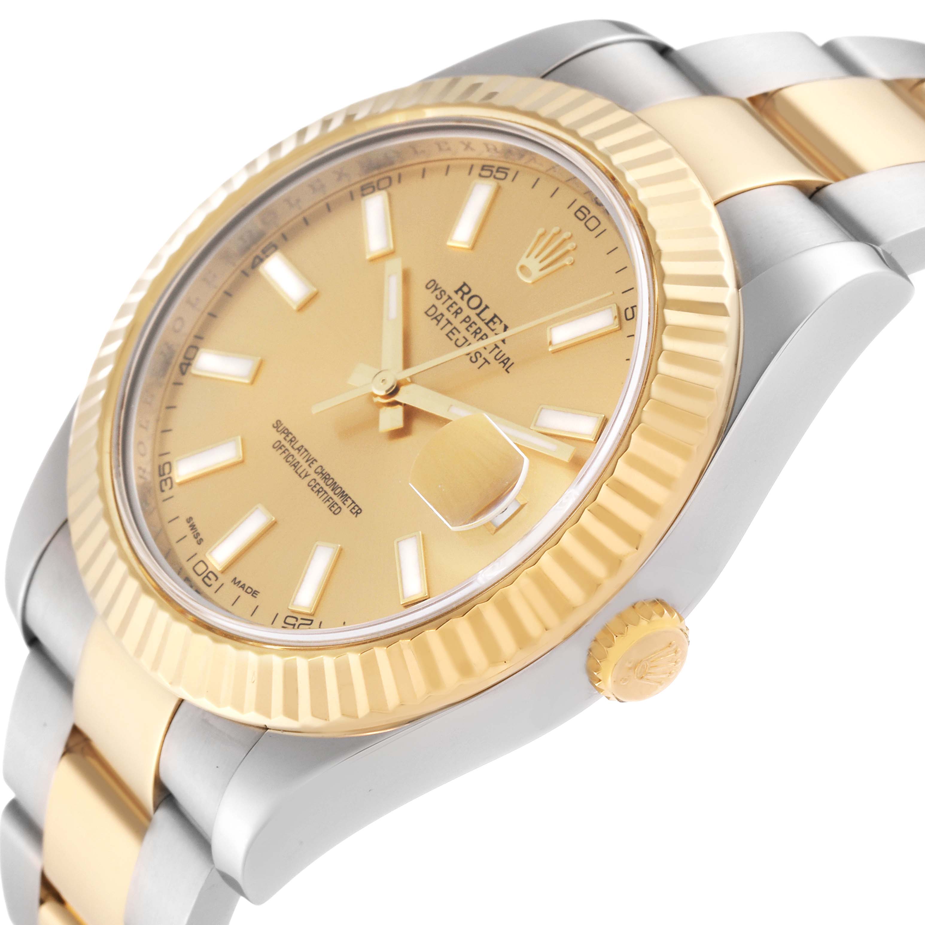 The image shows a close-up, angled view of the Rolex Datejust 116333 Men
s Steel and Gold (two tone) Champagne Dial 116333 Men
s Steel and Gold (two tone) Champagne Dial watch, highlighting its dial, bezel, and part of the bracelet.