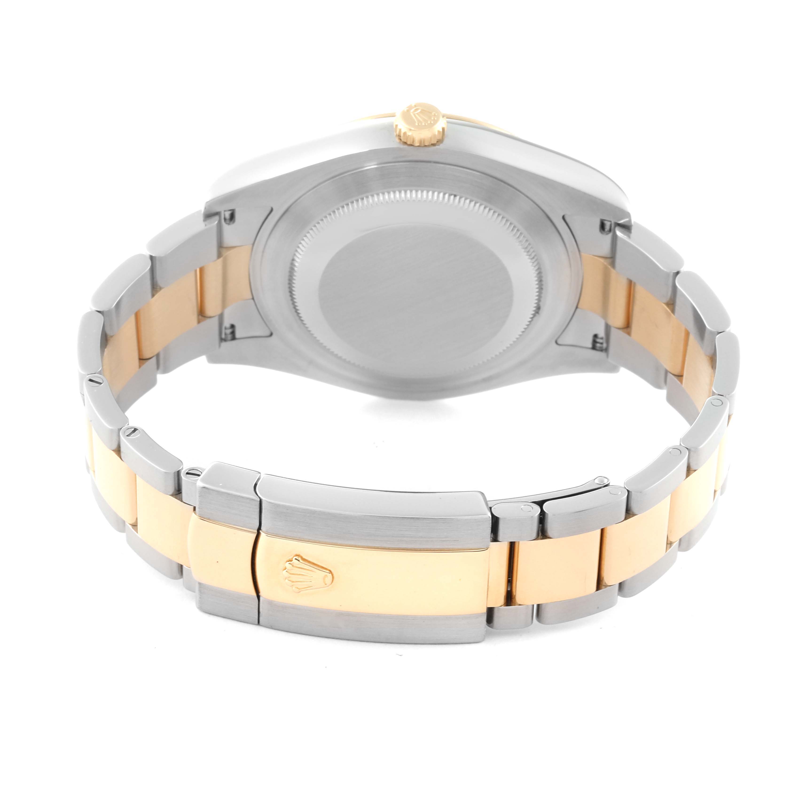 This image shows the back view of a Rolex Datejust 116333 Men
s Steel and Gold (two tone) Champagne Dial 116333 Men
s Steel and Gold (two tone) Champagne Dial watch, highlighting its case back, crown, and two-tone metal bracelet.