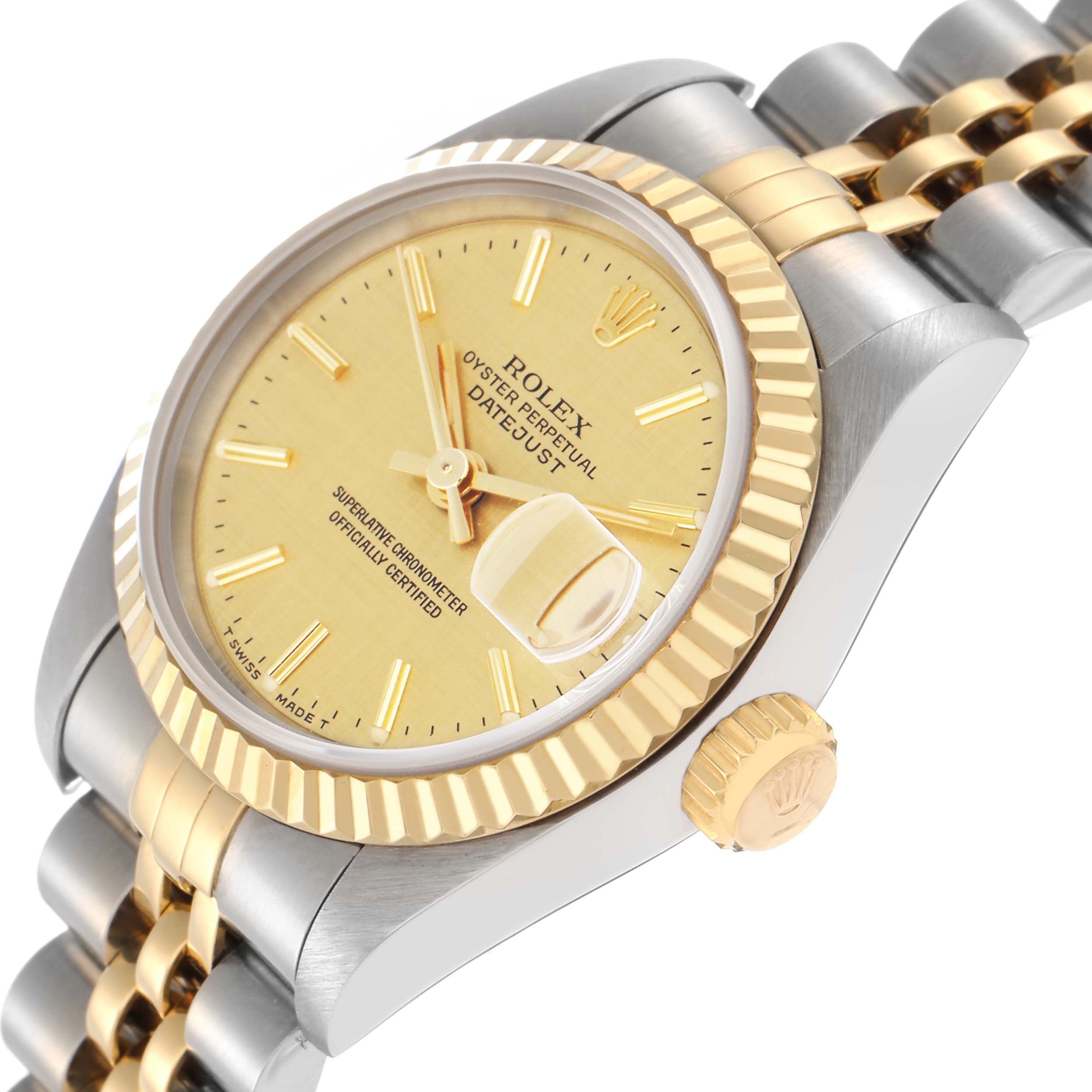 The Rolex Datejust model 69173 is shown at an angled view, featuring its gold and stainless-steel case, bezel, partial bracelet, and crown.