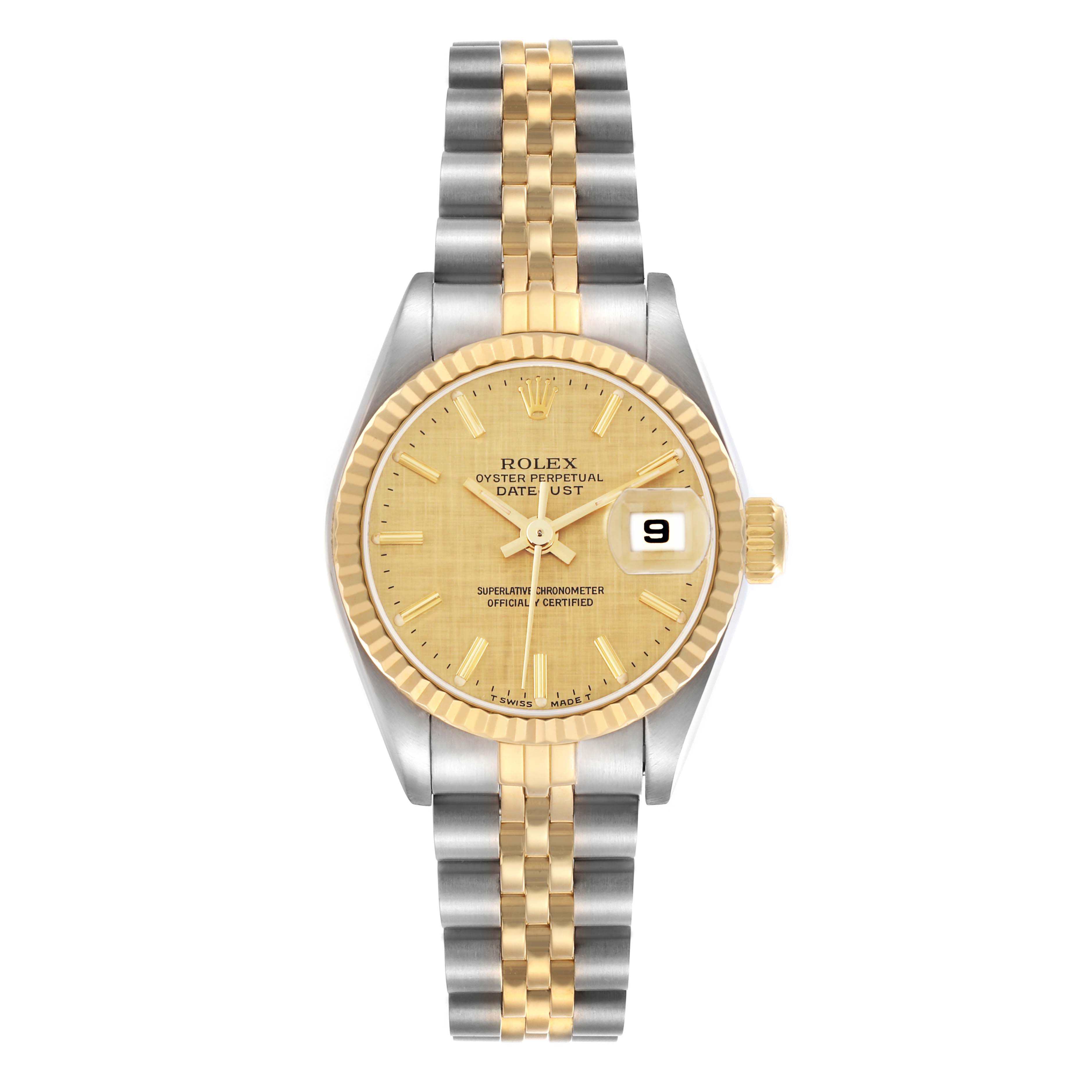 The image shows a front view of the Rolex Datejust model 69173 men's watch, featuring a gold dial, fluted bezel, and two-tone bracelet.