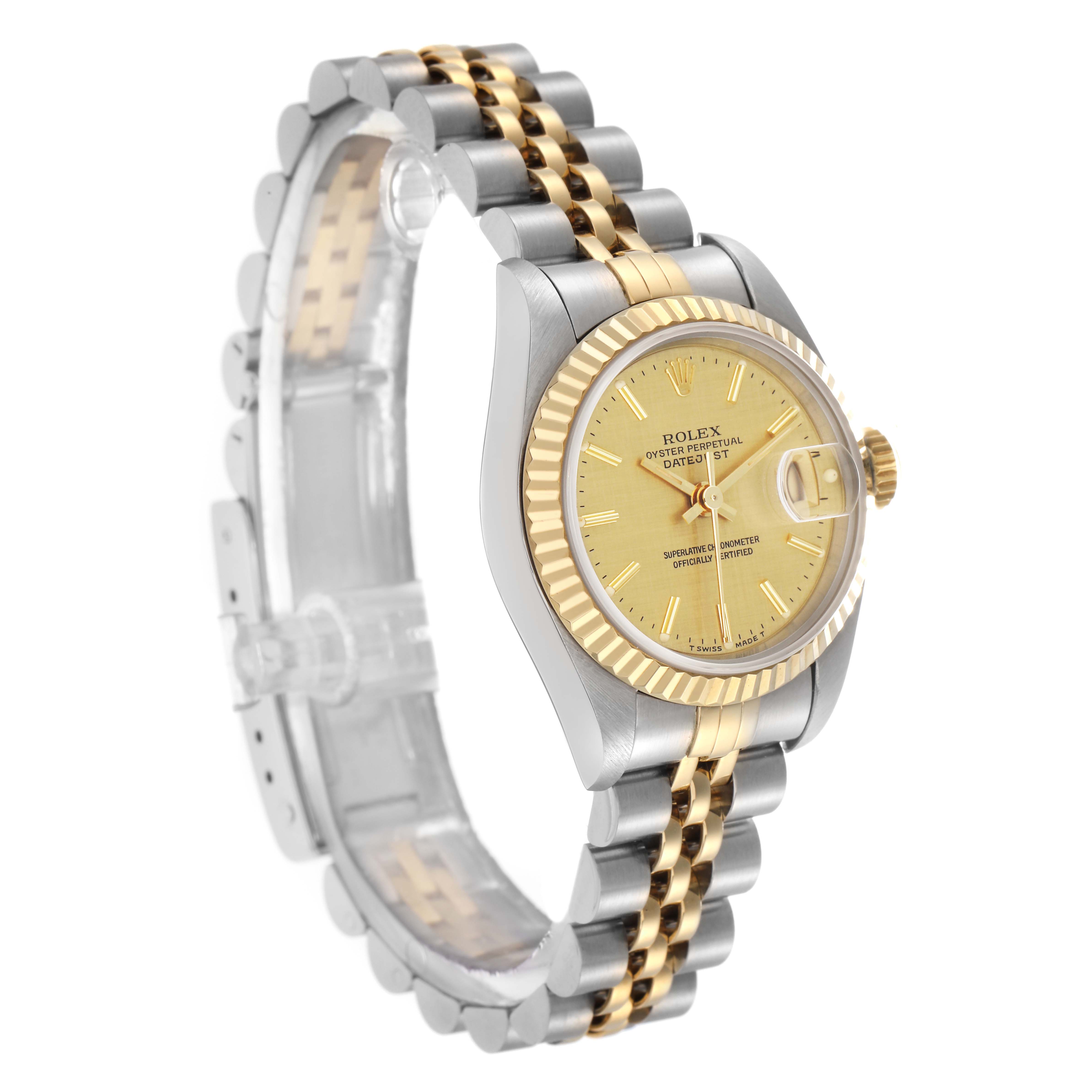 The Rolex Datejust model 69173 is shown at an angle displaying its dial, gold and silver jubilee bracelet, fluted bezel, and cyclops lens over the date.