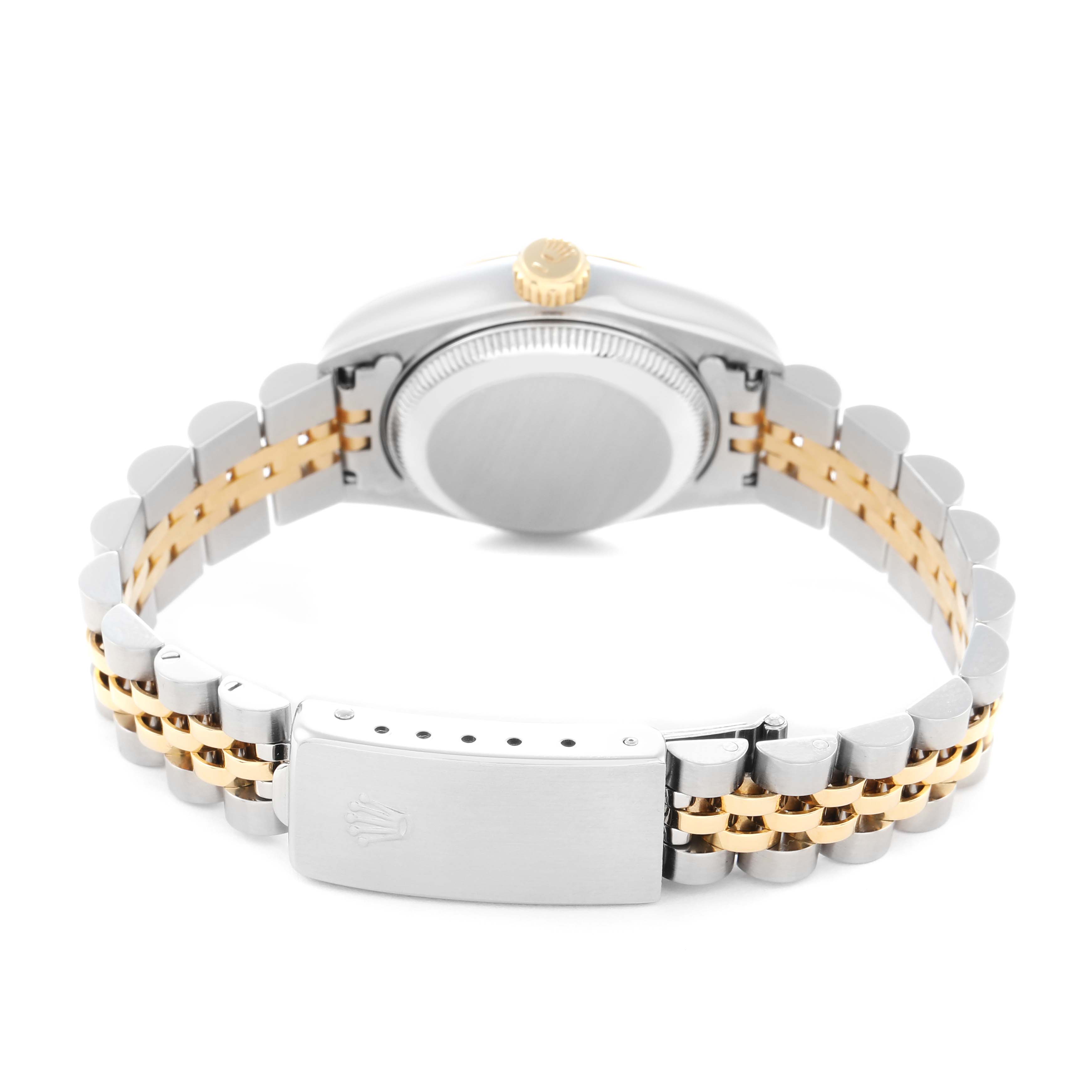 The image shows the back of a Rolex Datejust model 69173 men's watch, highlighting its jubilee bracelet and clasp.