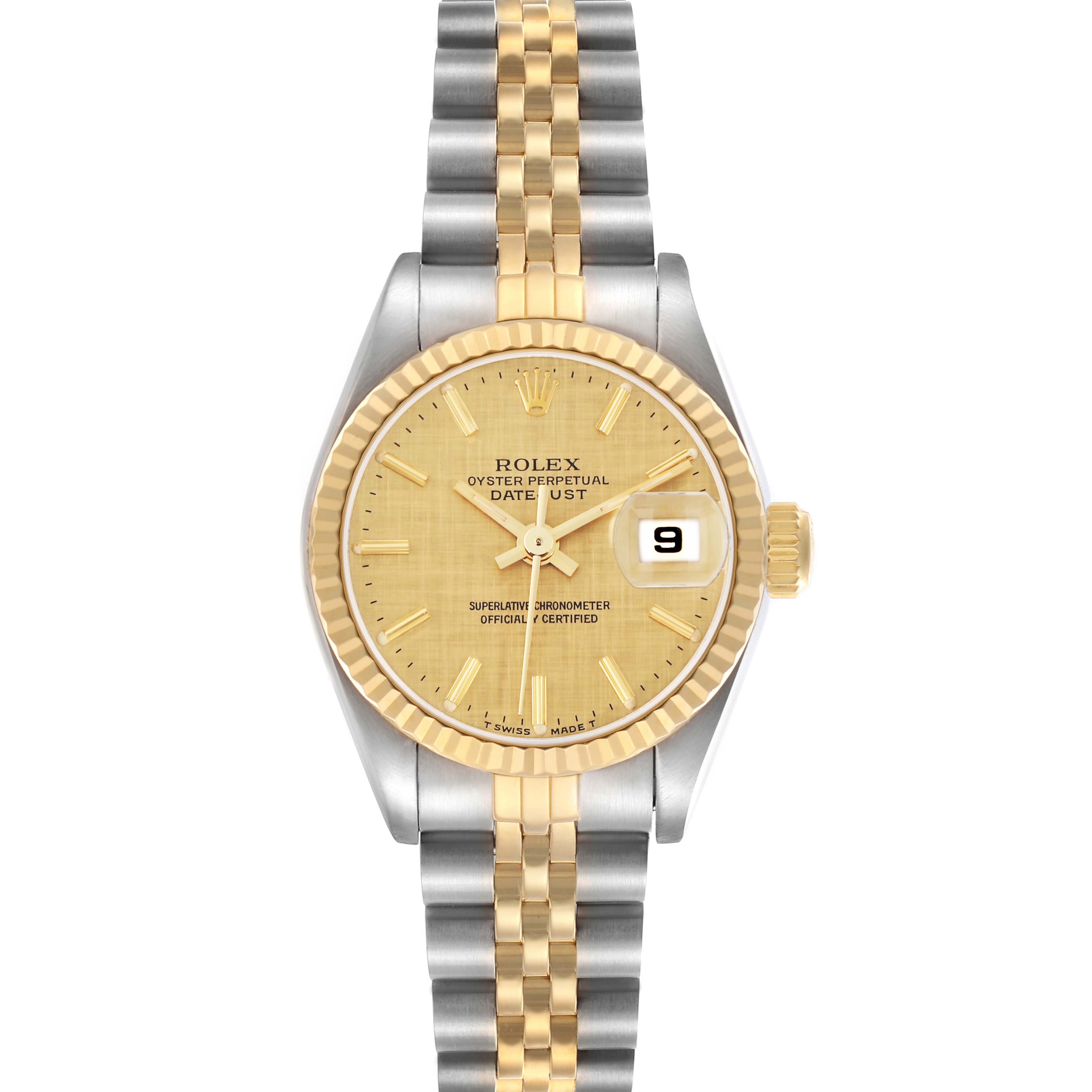 The Rolex Datejust model 69173 men's watch is shown from a front angle, displaying its dial, bezel, and two-tone bracelet.