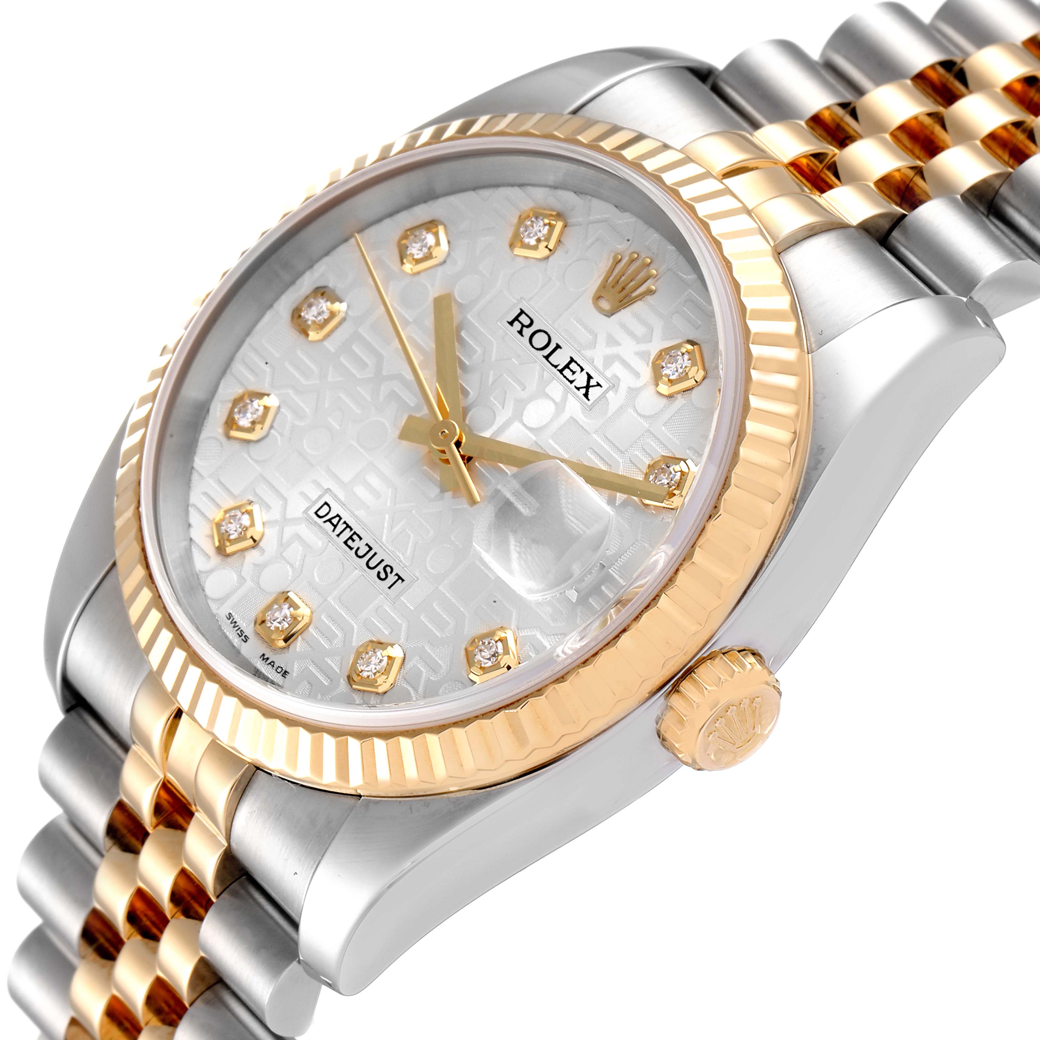 The image shows a close-up of a Rolex Datejust 116233 Men's Steel and Gold (two tone) Silver Dial 116233 Men's Steel and Gold (two tone) Silver Dial watch at an angle, highlighting its dial, bezel, crown, and bracelet.