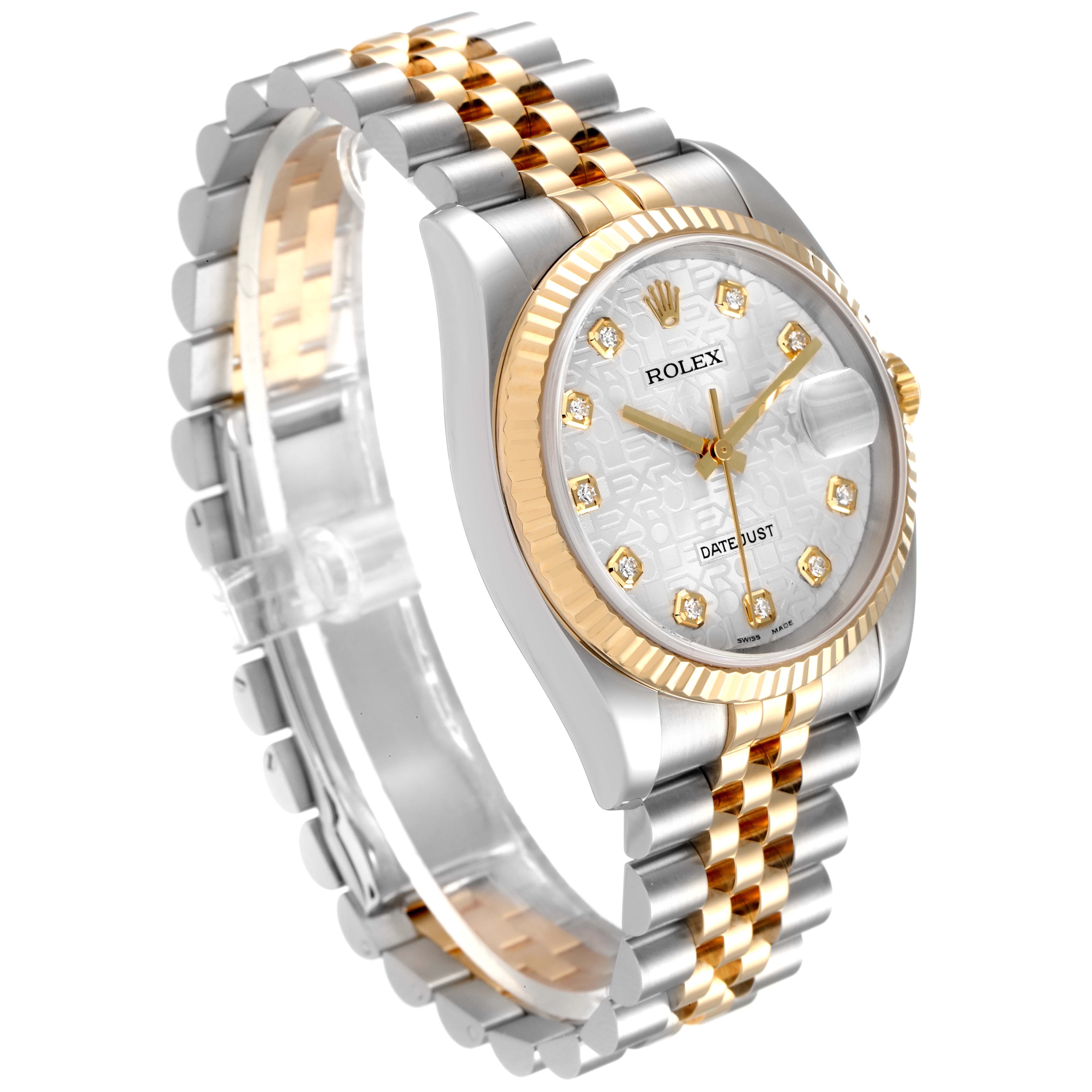 This is a Rolex Datejust 116233 Men's Steel and Gold (two tone) Silver Dial 116233 Men's Steel and Gold (two tone) Silver Dial watch shown at an angle highlighting the face, crown, and two-tone bracelet.
