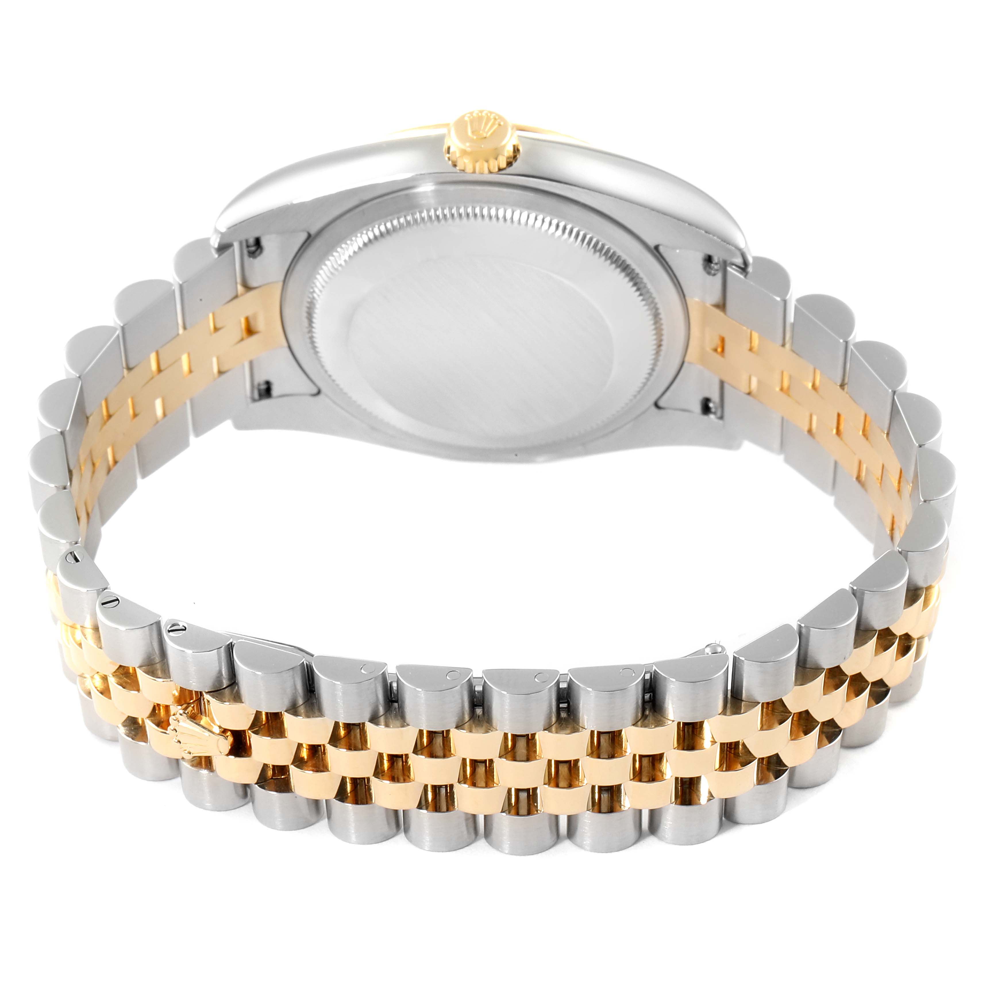 This image shows the back case and two-tone bracelet of a Rolex Datejust 116233 Men's Steel and Gold (two tone) Silver Dial 116233 Men's Steel and Gold (two tone) Silver Dial watch.