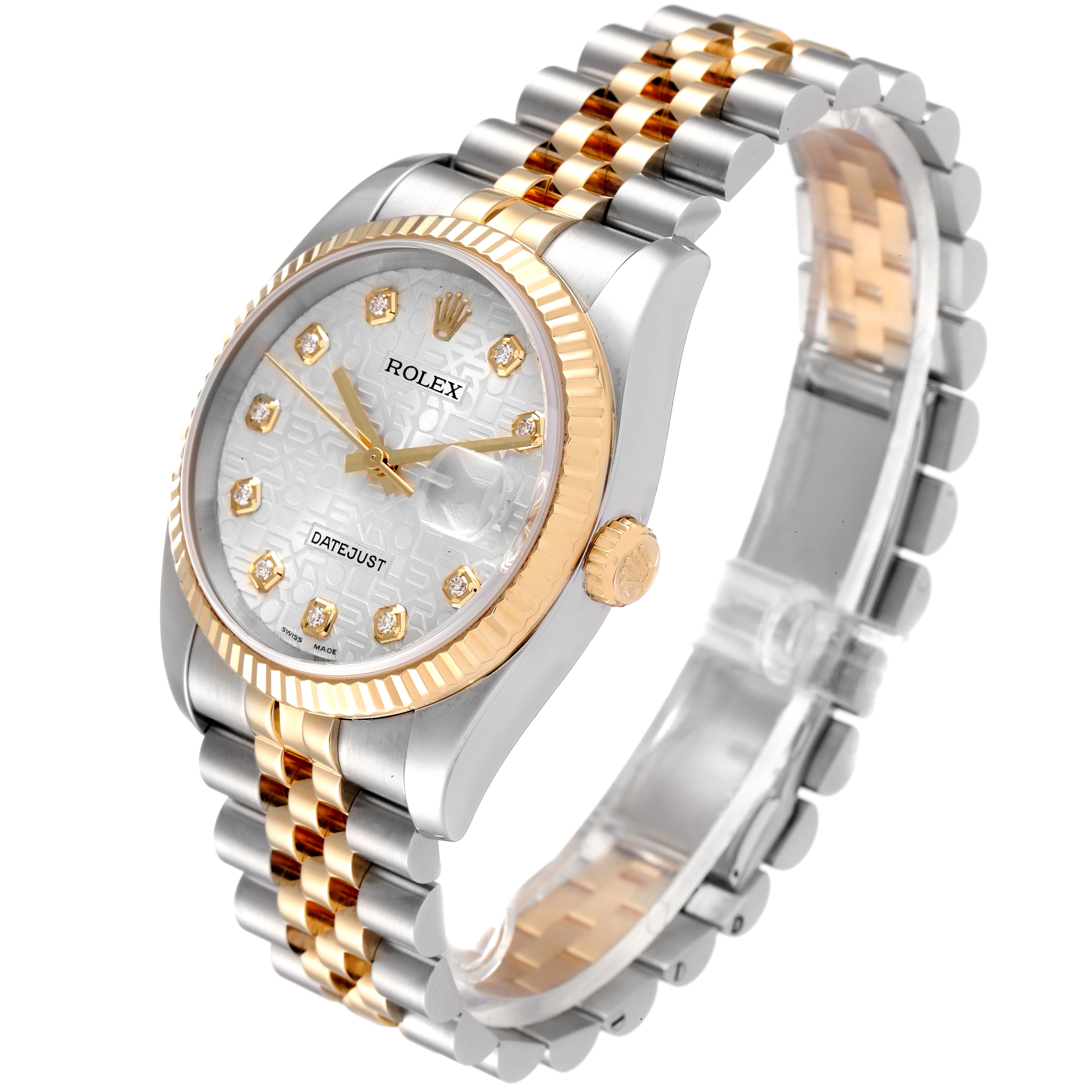 This image shows a Rolex Datejust 116233 Men's Steel and Gold (two tone) Silver Dial 116233 Men's Steel and Gold (two tone) Silver Dial watch at an oblique angle, highlighting its two-tone bracelet and diamond-accented dial.