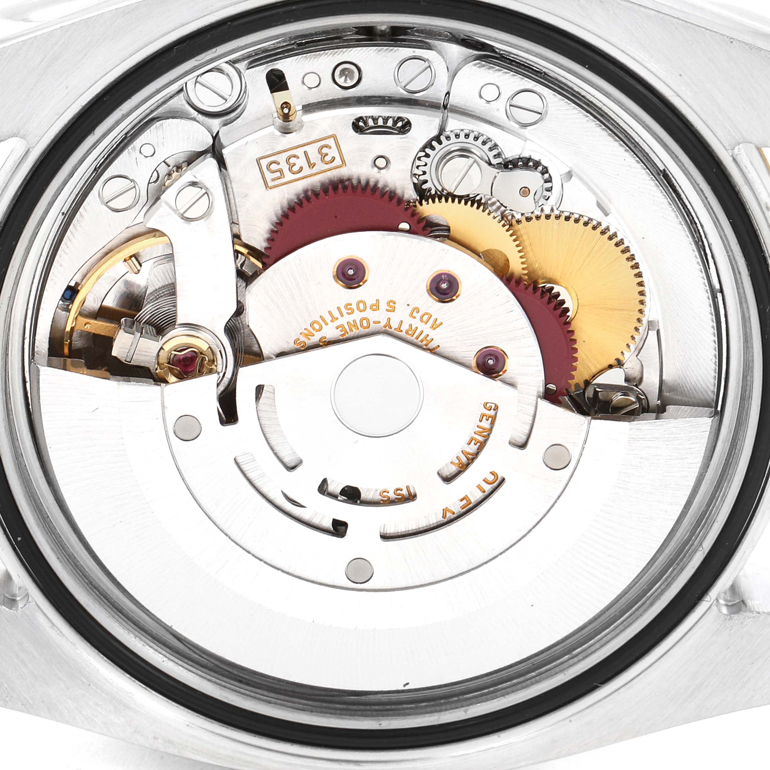 This image shows a close-up view of the internal movement mechanism of a Rolex Datejust 116233 Men's Steel and Gold (two tone) Silver Dial 116233 Men's Steel and Gold (two tone) Silver Dial watch.