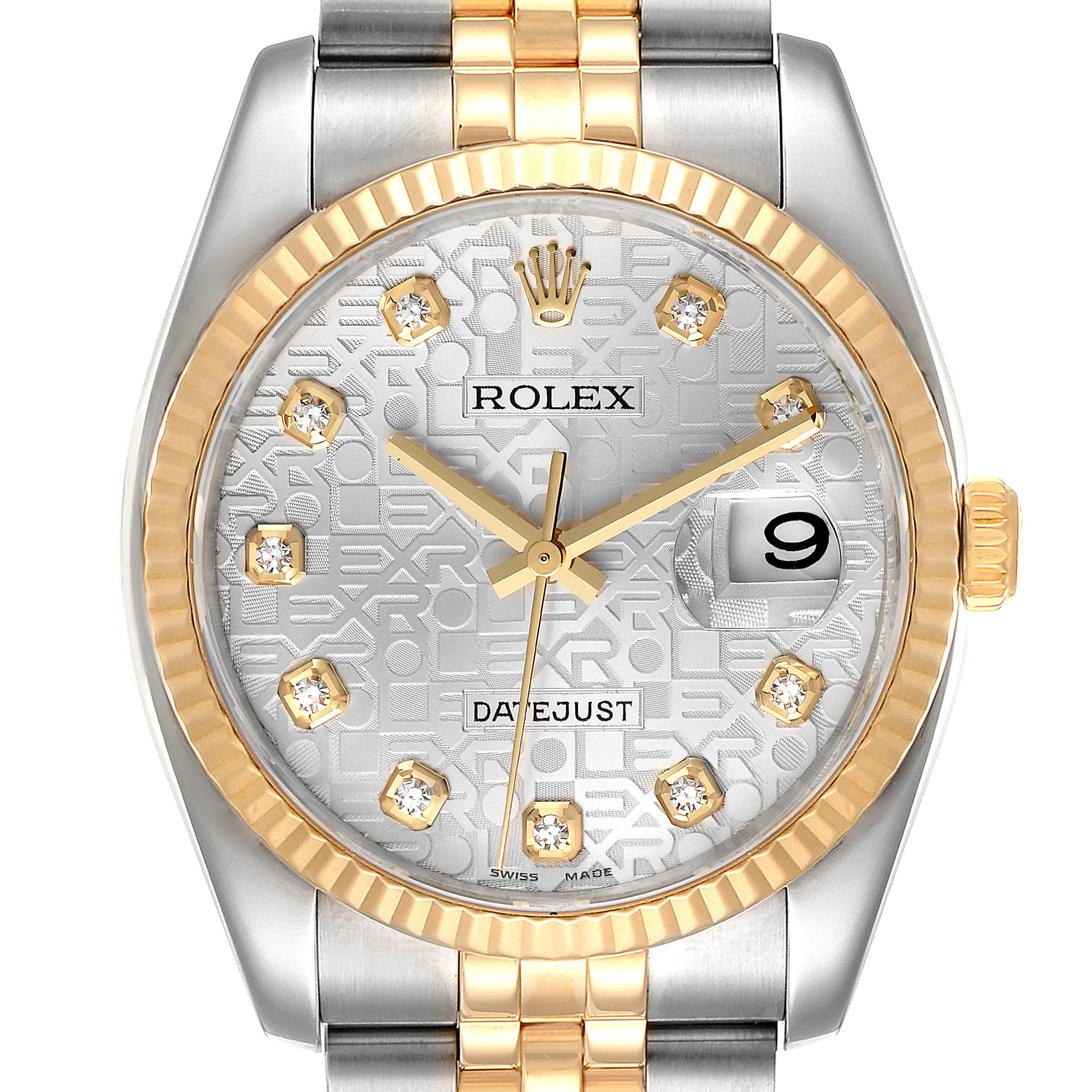 This is a front view of a Rolex Datejust 116233 Men's Steel and Gold (two tone) Silver Dial 116233 Men's Steel and Gold (two tone) Silver Dial watch, showcasing its face, bezel, and part of the bracelet.