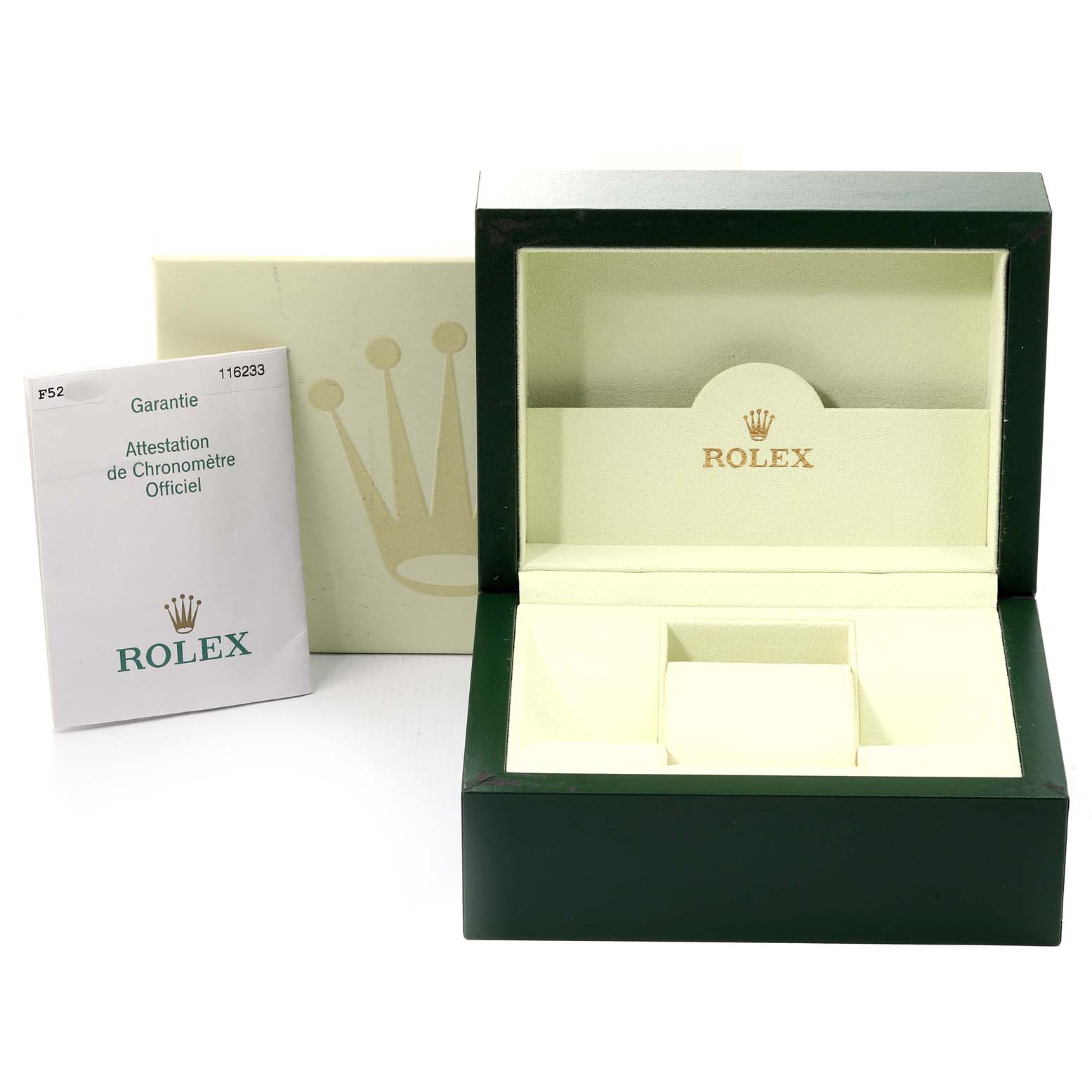 The image shows an open Rolex Datejust 116233 Men's Steel and Gold (two tone) Silver Dial 116233 Men's Steel and Gold (two tone) Silver Dial watch box and accompanying warranty booklet viewed from the front.