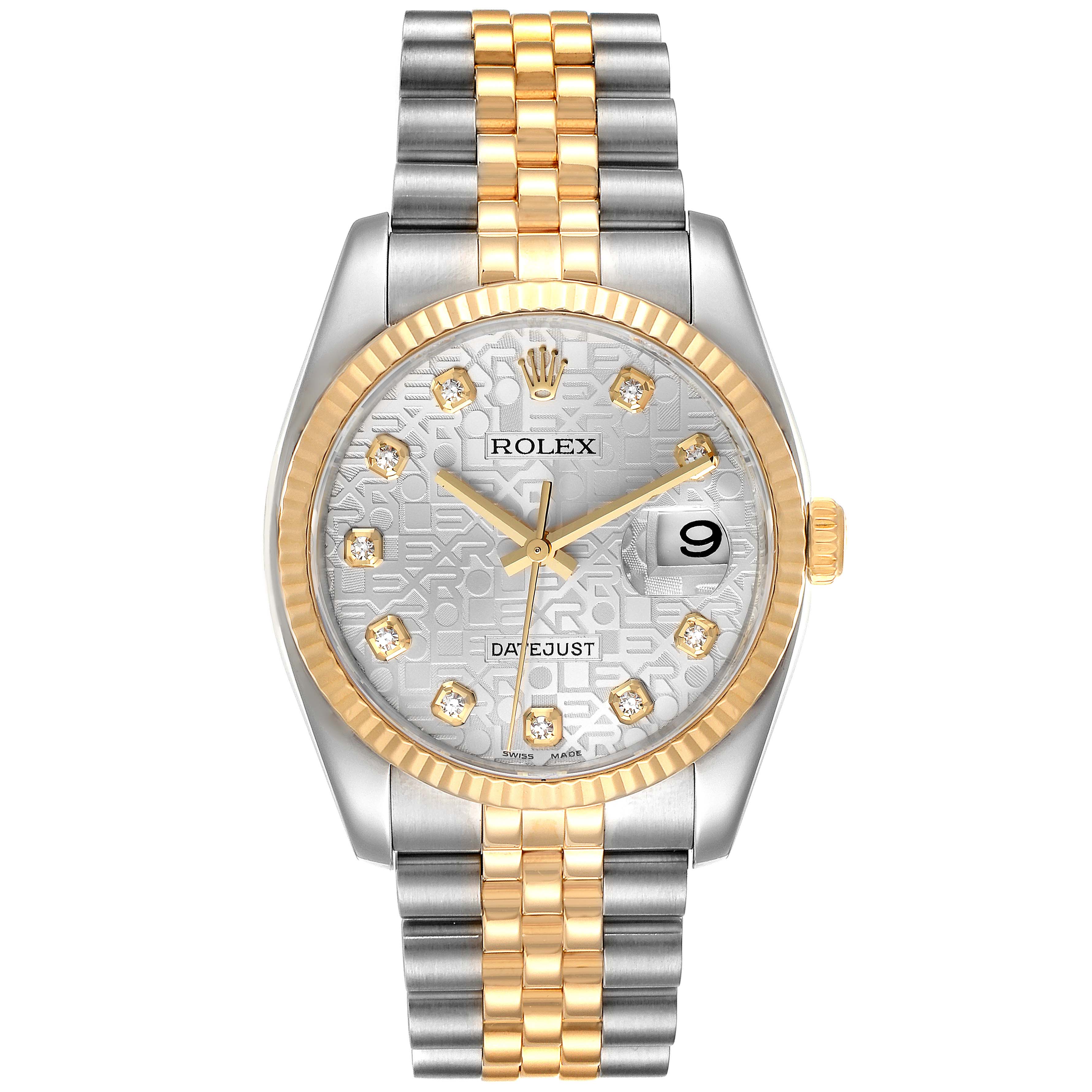The image shows a full frontal view of a Rolex Datejust 116233 Men's Steel and Gold (two tone) Silver Dial 116233 Men's Steel and Gold (two tone) Silver Dial watch, highlighting its silver dial, gold bezel, and two-tone bracelet.
