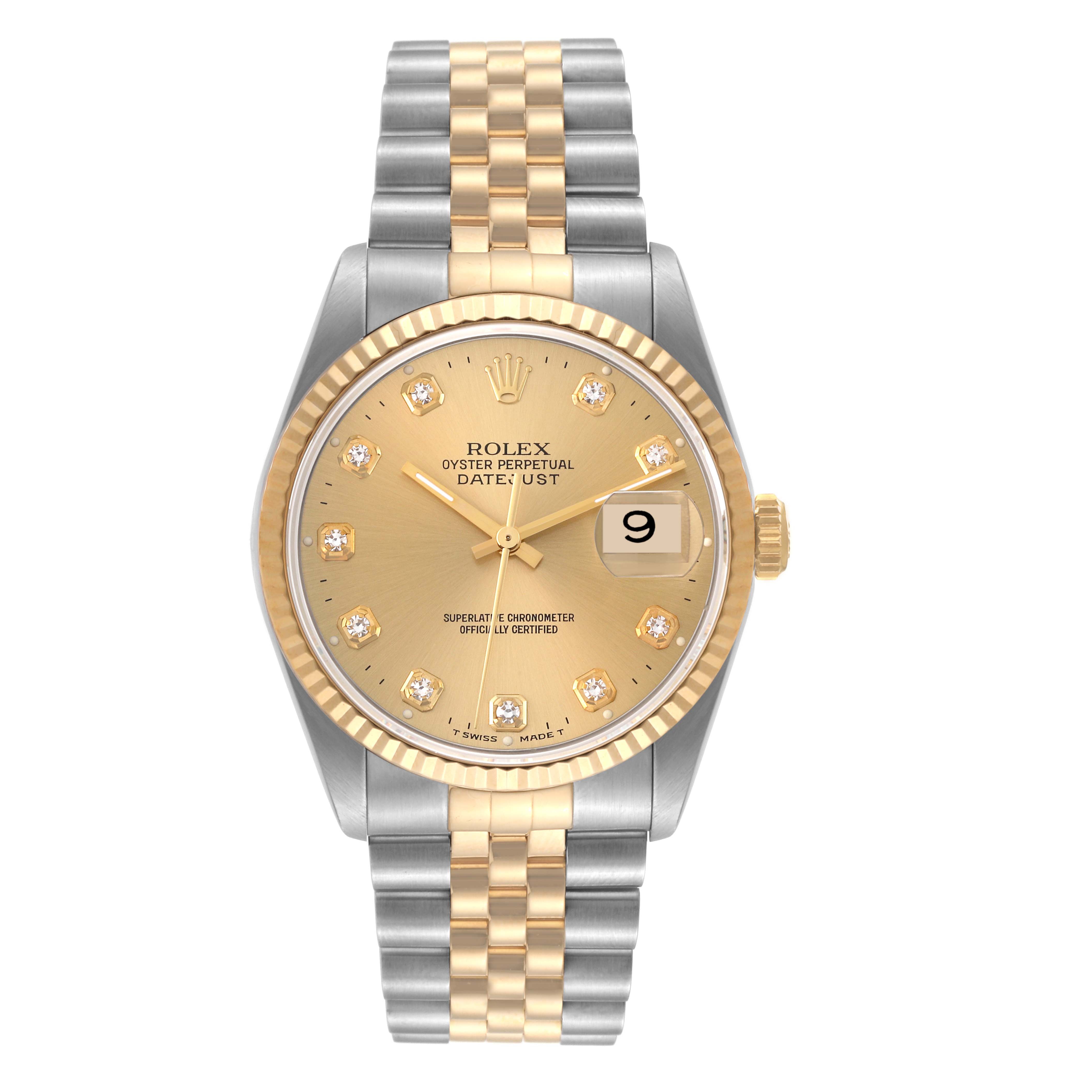The image shows a front view of a Rolex Datejust 16233 Men's Steel and Gold (two tone) Champagne Dial 16233 Men's Steel and Gold (two tone) Champagne Dial watch, displaying its face, dial, bezel, and bracelet.