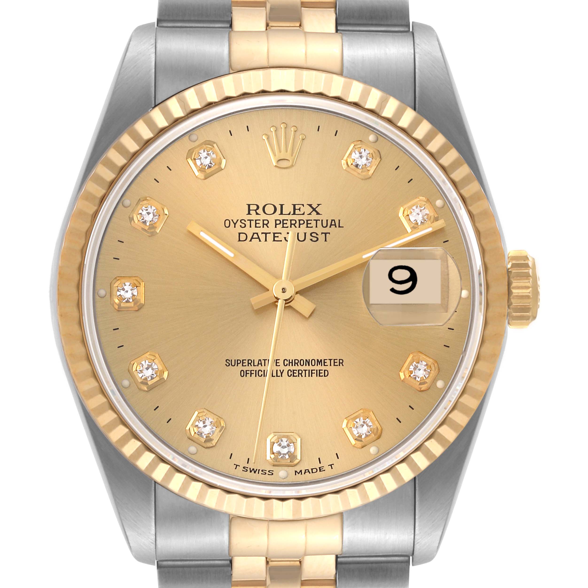 The image shows a close-up front view of a Rolex Datejust 16233 Men's Steel and Gold (two tone) Champagne Dial 16233 Men's Steel and Gold (two tone) Champagne Dial watch, highlighting its gold dial, date window, crown, and two-tone bracelet.