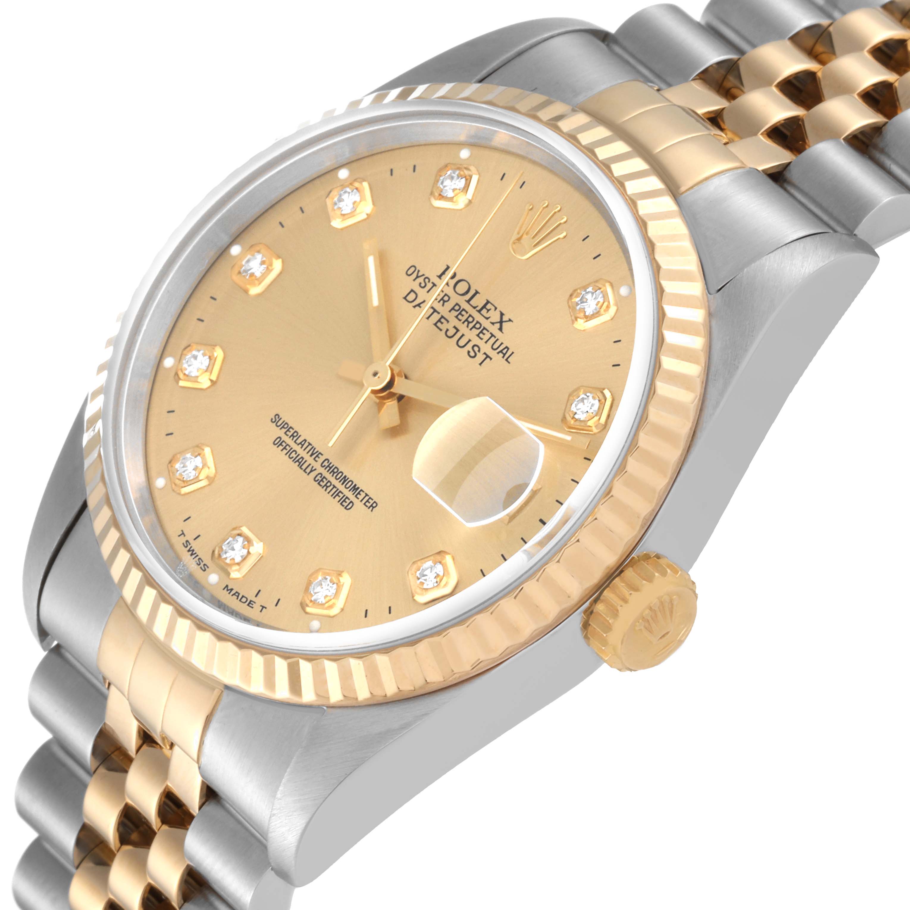 The image shows a close-up, angled view of a Rolex Datejust 16233 Men's Steel and Gold (two tone) Champagne Dial 16233 Men's Steel and Gold (two tone) Champagne Dial watch, highlighting the dial, crown, and two-tone bracelet.