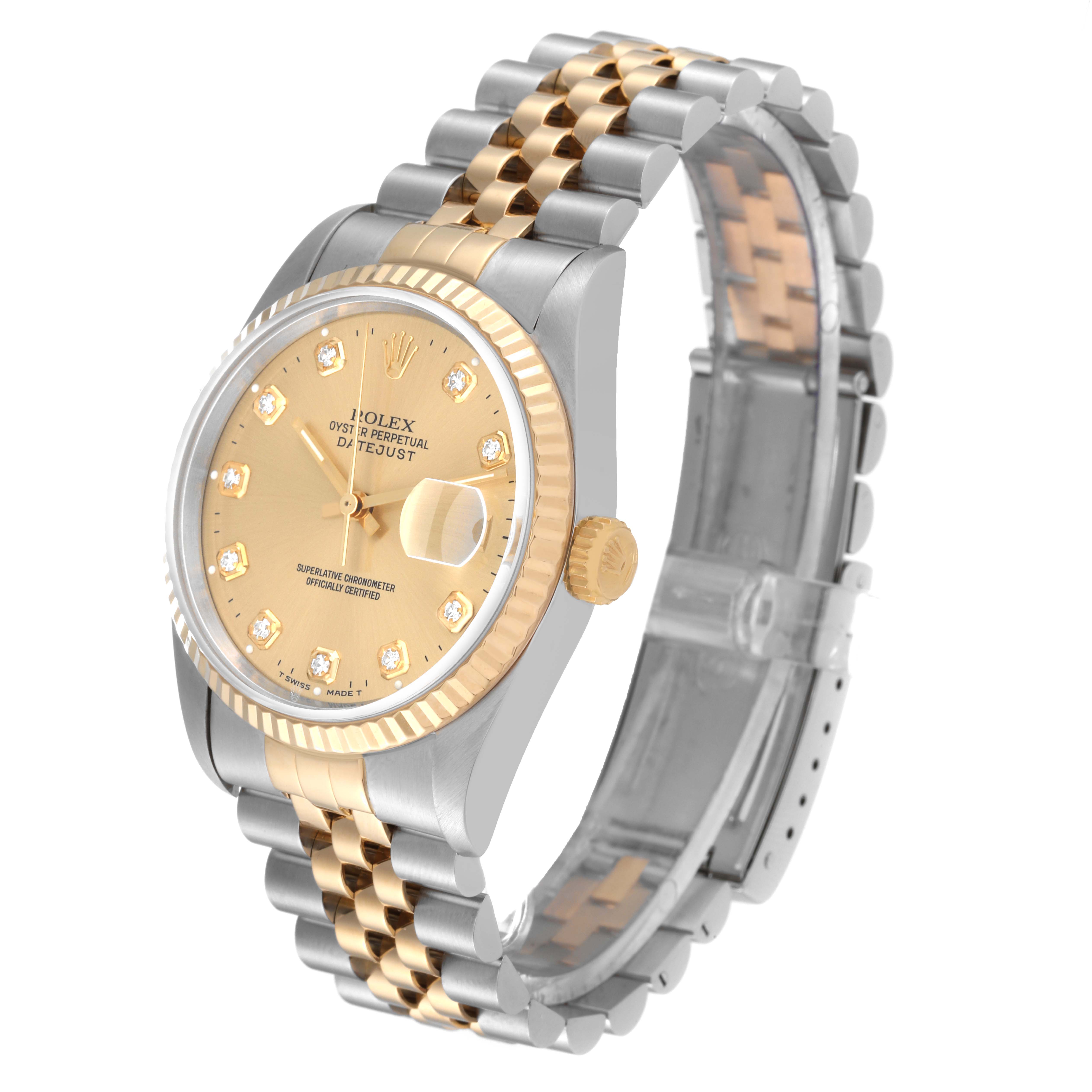 The image shows a side angle view of a Rolex Datejust 16233 Men's Steel and Gold (two tone) Champagne Dial 16233 Men's Steel and Gold (two tone) Champagne Dial watch, highlighting its two-tone bracelet and diamond-set gold dial.