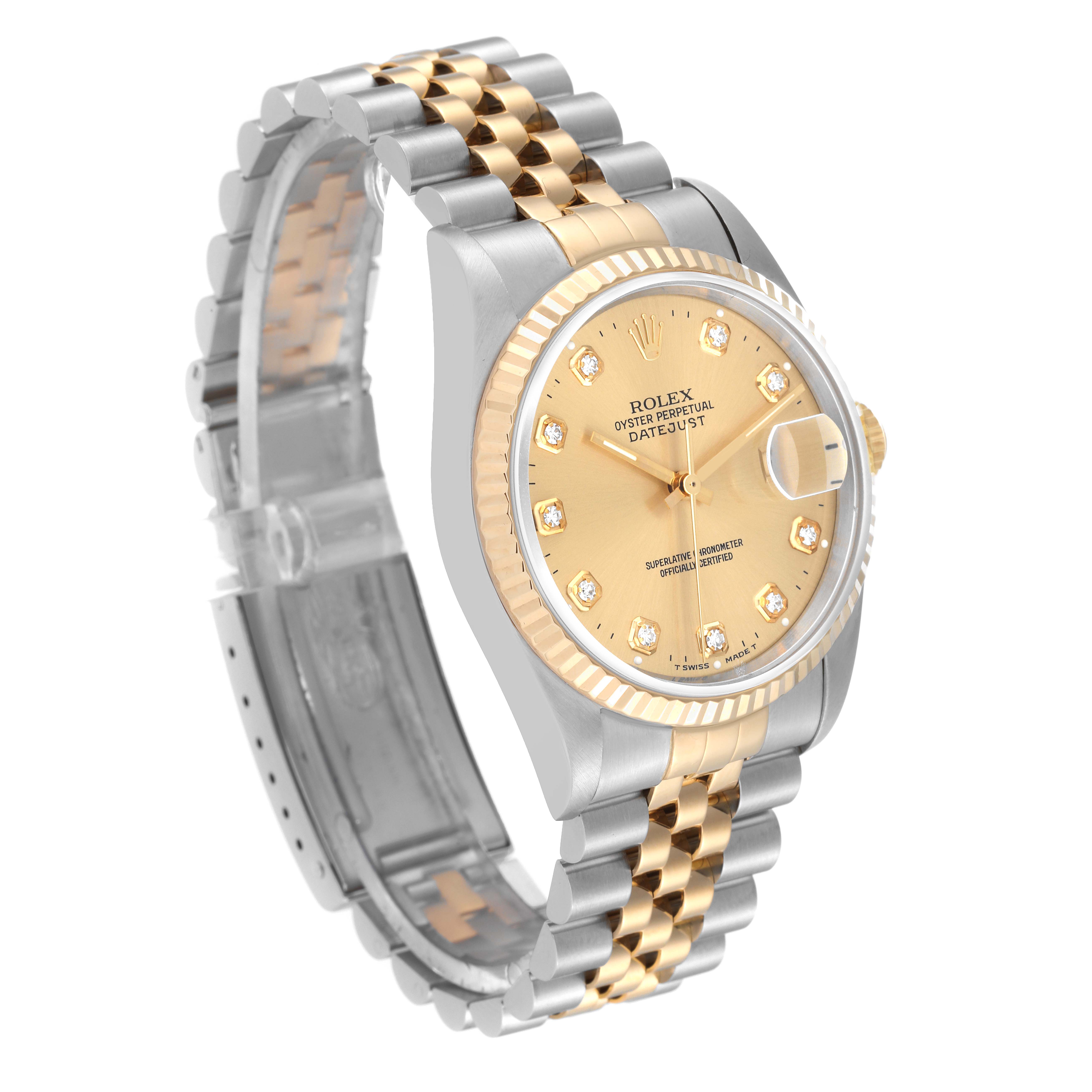 The Rolex Datejust 16233 Men's Steel and Gold (two tone) Champagne Dial 16233 Men's Steel and Gold (two tone) Champagne Dial watch is shown at a 3/4 angle, highlighting its gold and silver band, fluted bezel, and gold dial with diamond hour markers.