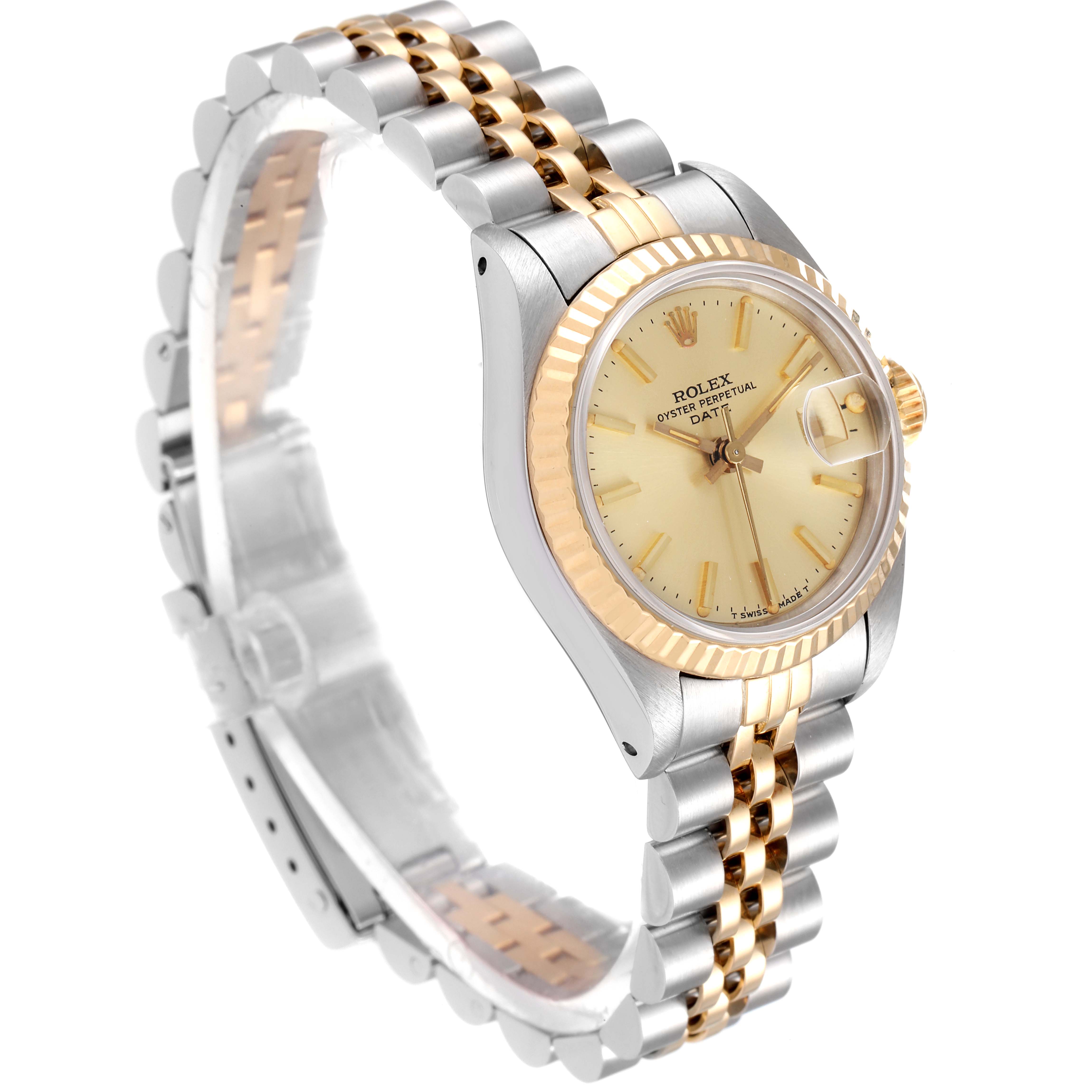 The Rolex Datejust 69173 Women's Steel and Gold (two tone) Champagne Dial 69173 Women's Steel and Gold (two tone) Champagne Dial watch is shown at an angled side view highlighting the dial, bezel, and part of the bracelet.