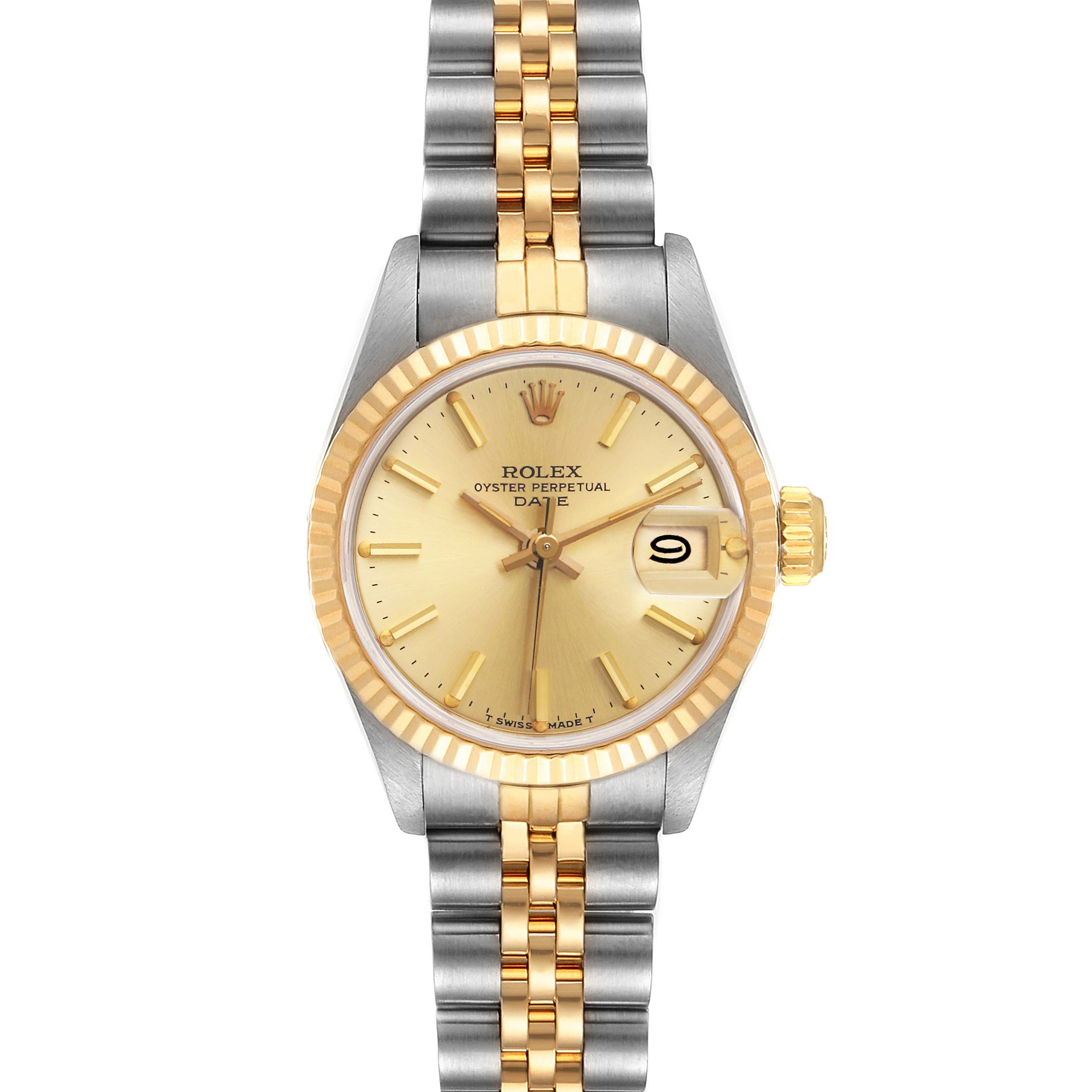 The image shows a frontal view of the Rolex Datejust 69173 Women's Steel and Gold (two tone) Champagne Dial 69173 Women's Steel and Gold (two tone) Champagne Dial watch, highlighting the dial, bezel, and bracelet.