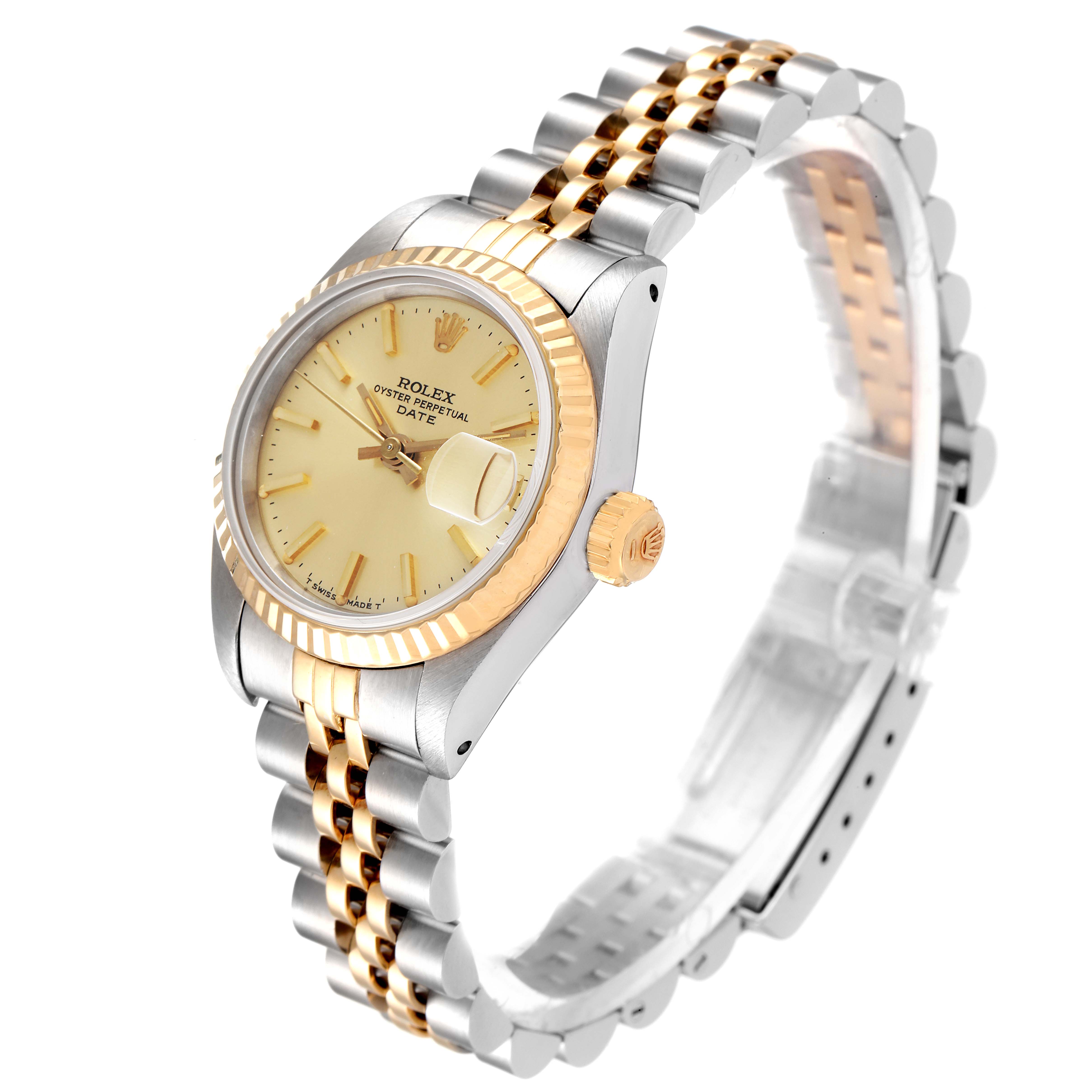 The Rolex Datejust 69173 Women's Steel and Gold (two tone) Champagne Dial 69173 Women's Steel and Gold (two tone) Champagne Dial model watch is shown at a slight angle, displaying the case, dial, crown, and bracelet.