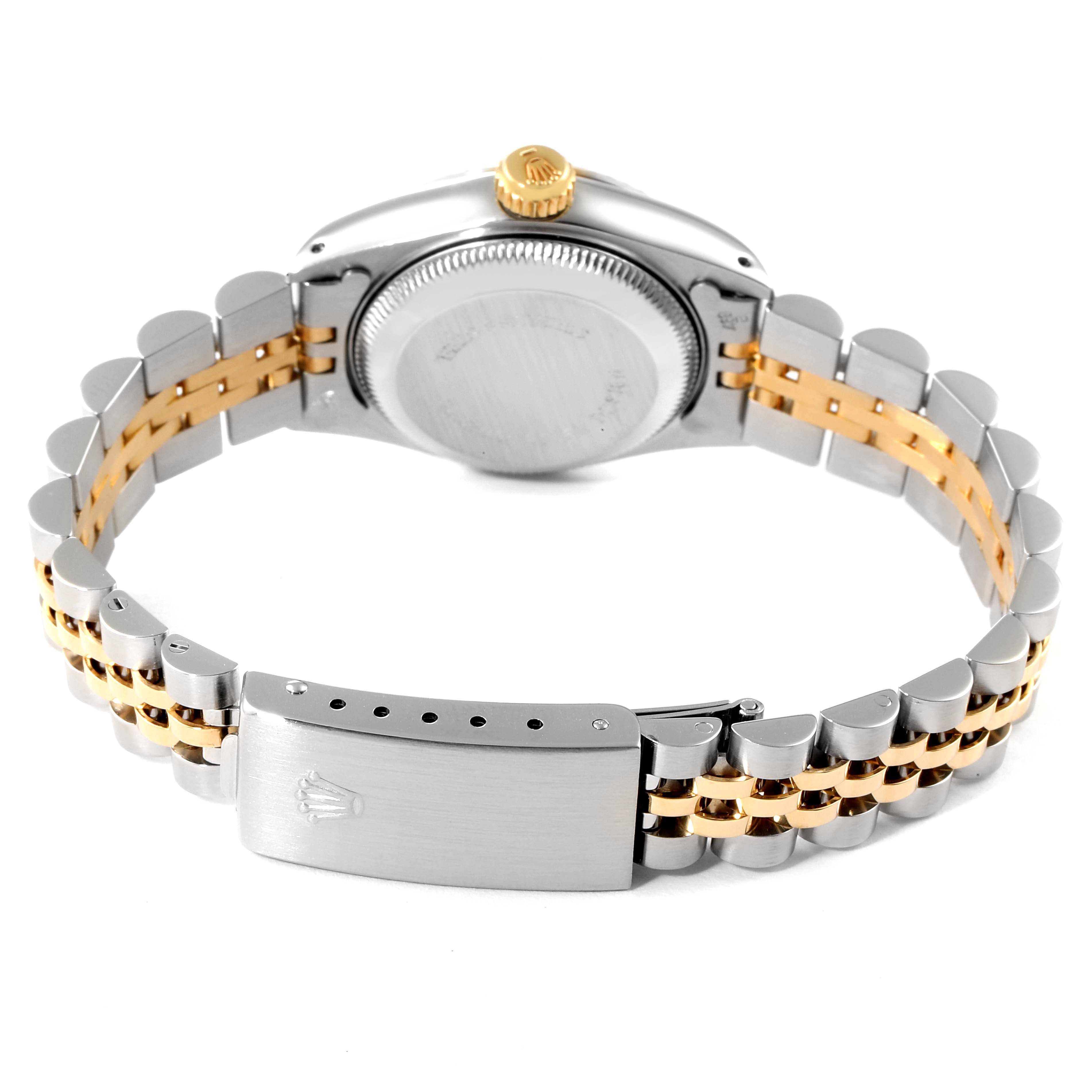 This image shows the back of a Rolex Datejust 69173 Women's Steel and Gold (two tone) Champagne Dial 69173 Women's Steel and Gold (two tone) Champagne Dial watch, highlighting the clasp and two-tone metal bracelet.