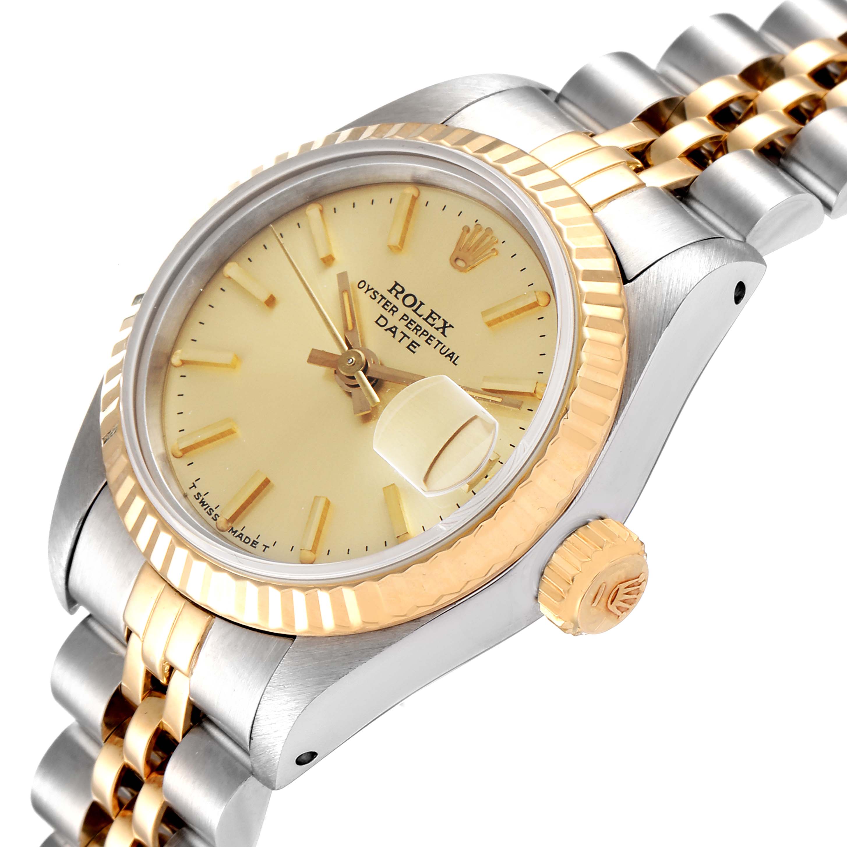 The image shows an angled view of the Rolex Datejust 69173 Women's Steel and Gold (two tone) Champagne Dial 69173 Women's Steel and Gold (two tone) Champagne Dial watch, highlighting the dial, fluted bezel, crown, and part of the two-tone bracelet.