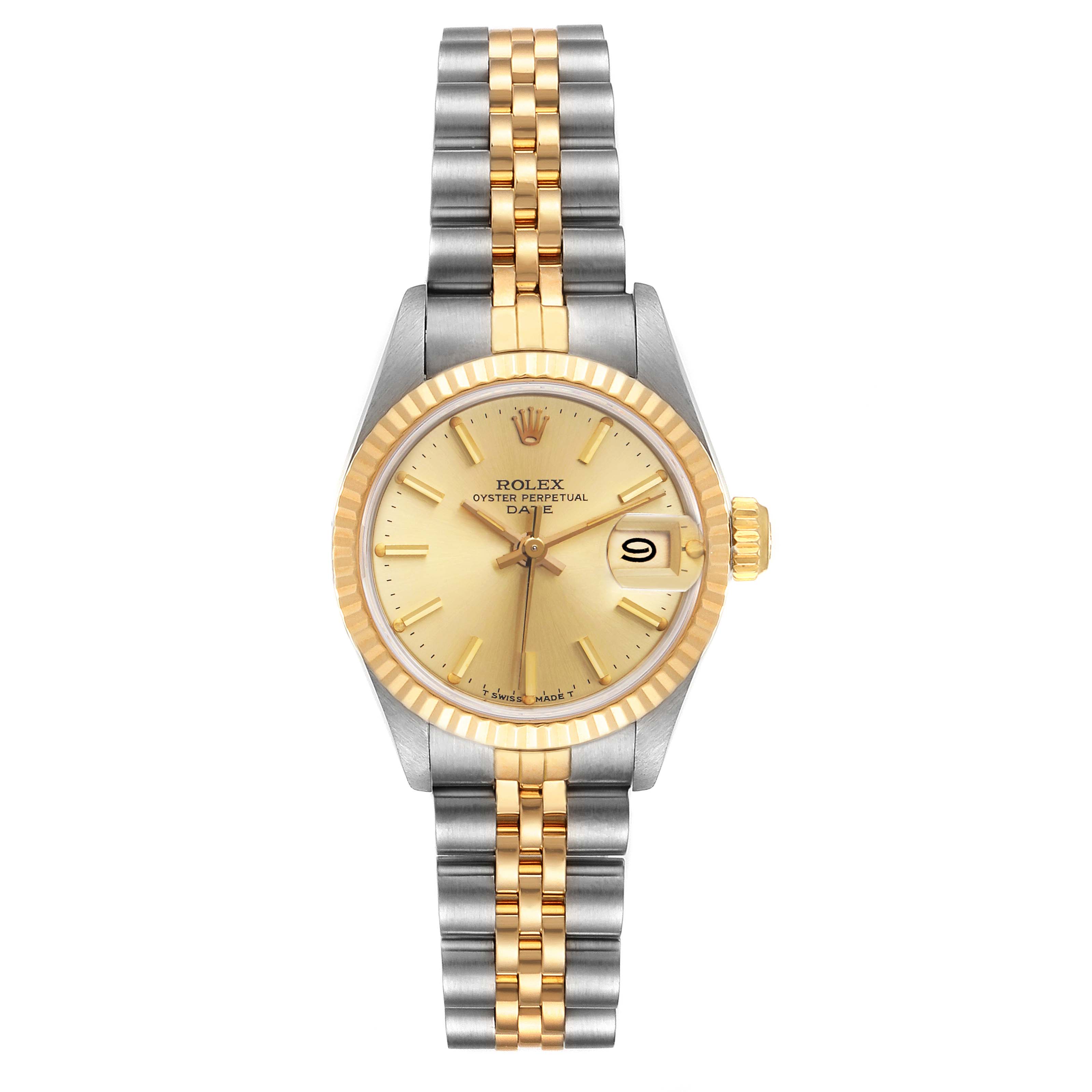 The image shows a Rolex Datejust 69173 Women's Steel and Gold (two tone) Champagne Dial 69173 Women's Steel and Gold (two tone) Champagne Dial watch, featuring a two-tone bracelet, gold dial, and fluted bezel, viewed from the front.