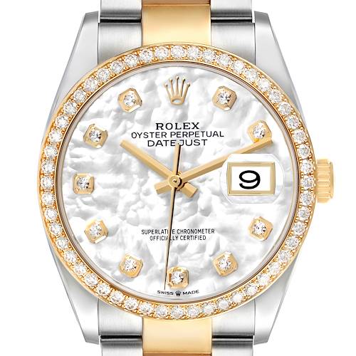 The Rolex Datejust 126283 Men's Steel and Gold (two tone) Mother of Pearl Dial watch is shown from a front angle, highlighting the dial, bezel, hour markers, and date window.