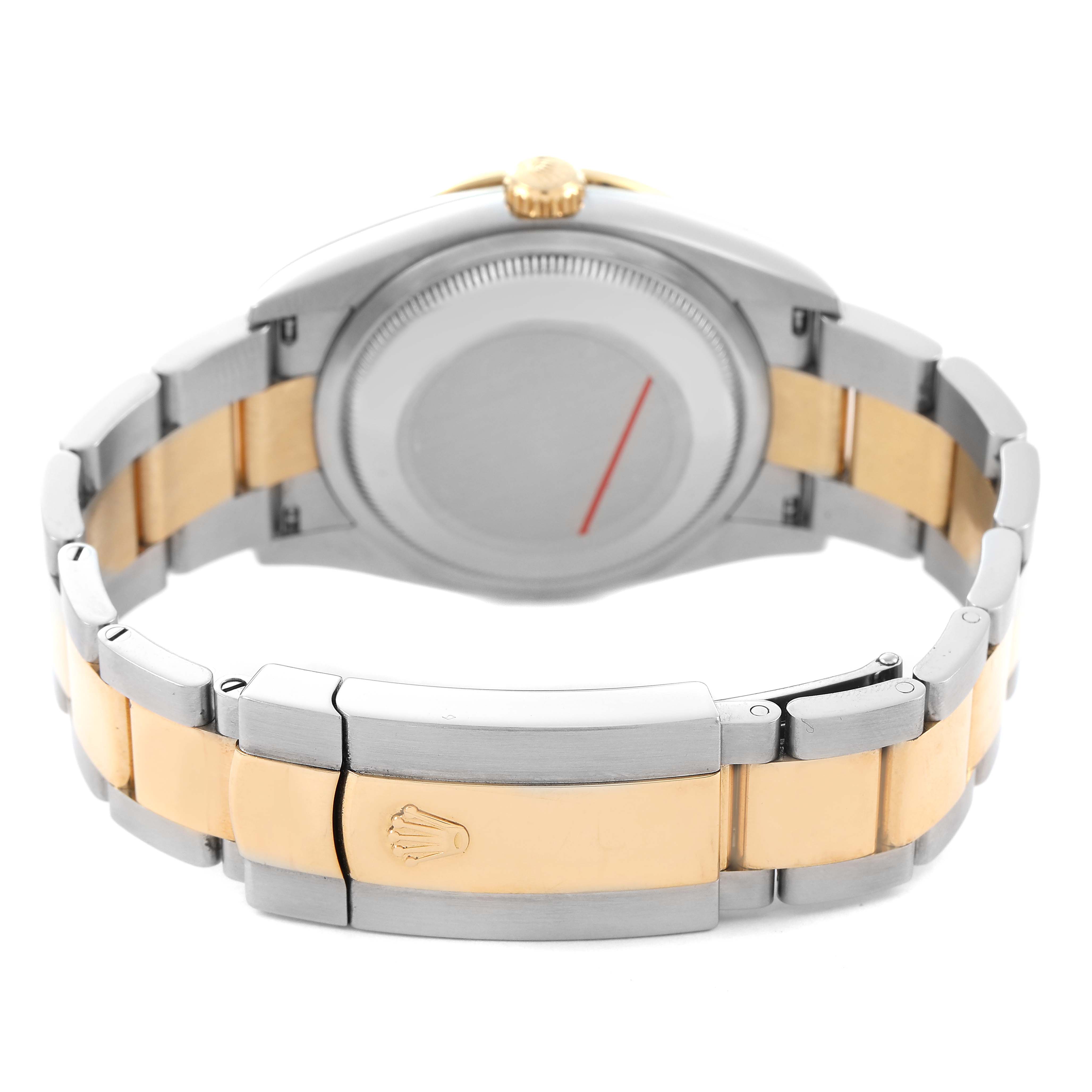 The image shows the back of a Rolex Datejust 126283 Men's Steel and Gold (two tone) Mother of Pearl Dial, highlighting the bracelet, clasp, and caseback in two-tone metal.