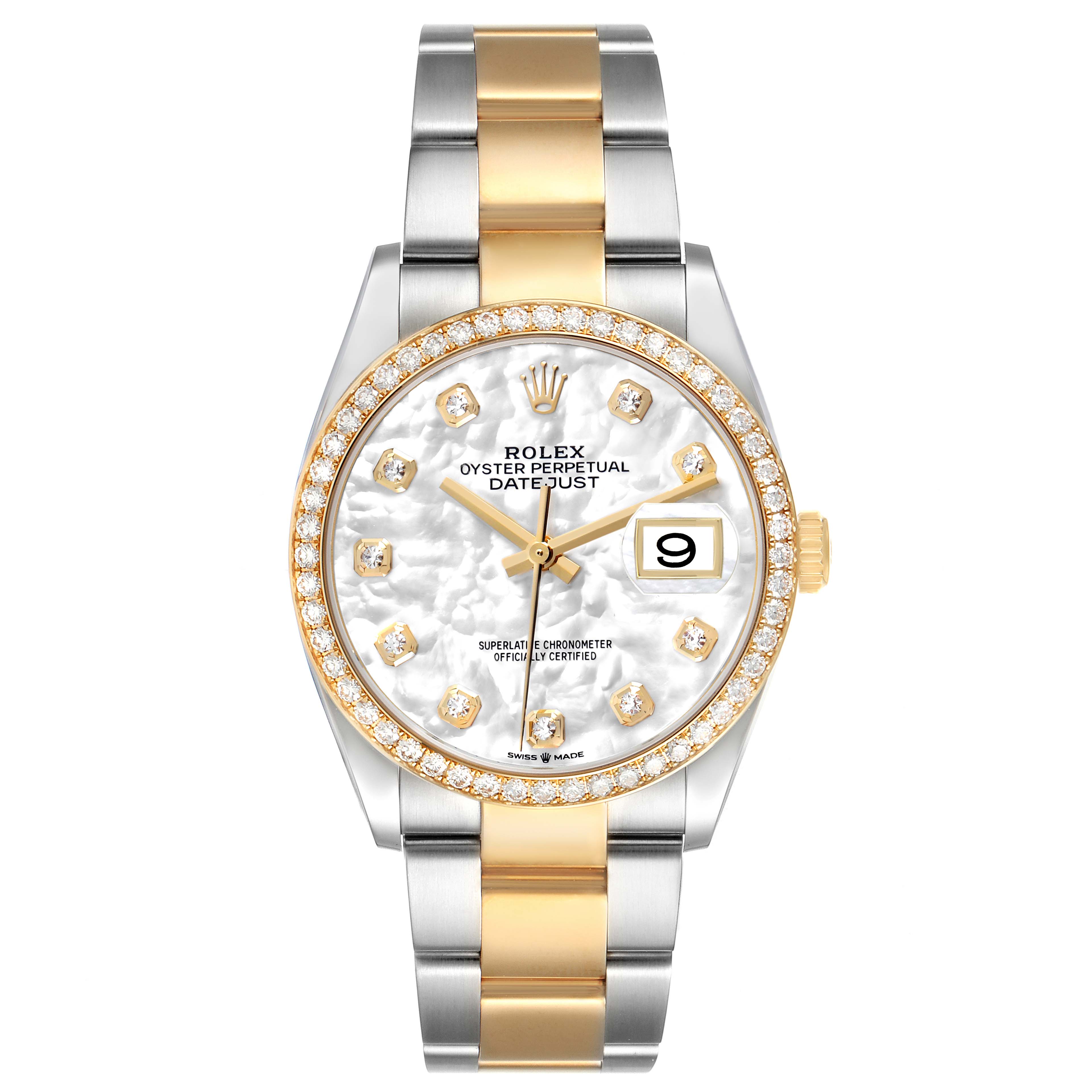 The Rolex Datejust 126283 Men's Steel and Gold (two tone) Mother of Pearl Dial watch is shown from the front, featuring its two-tone bracelet and diamond-studded bezel.