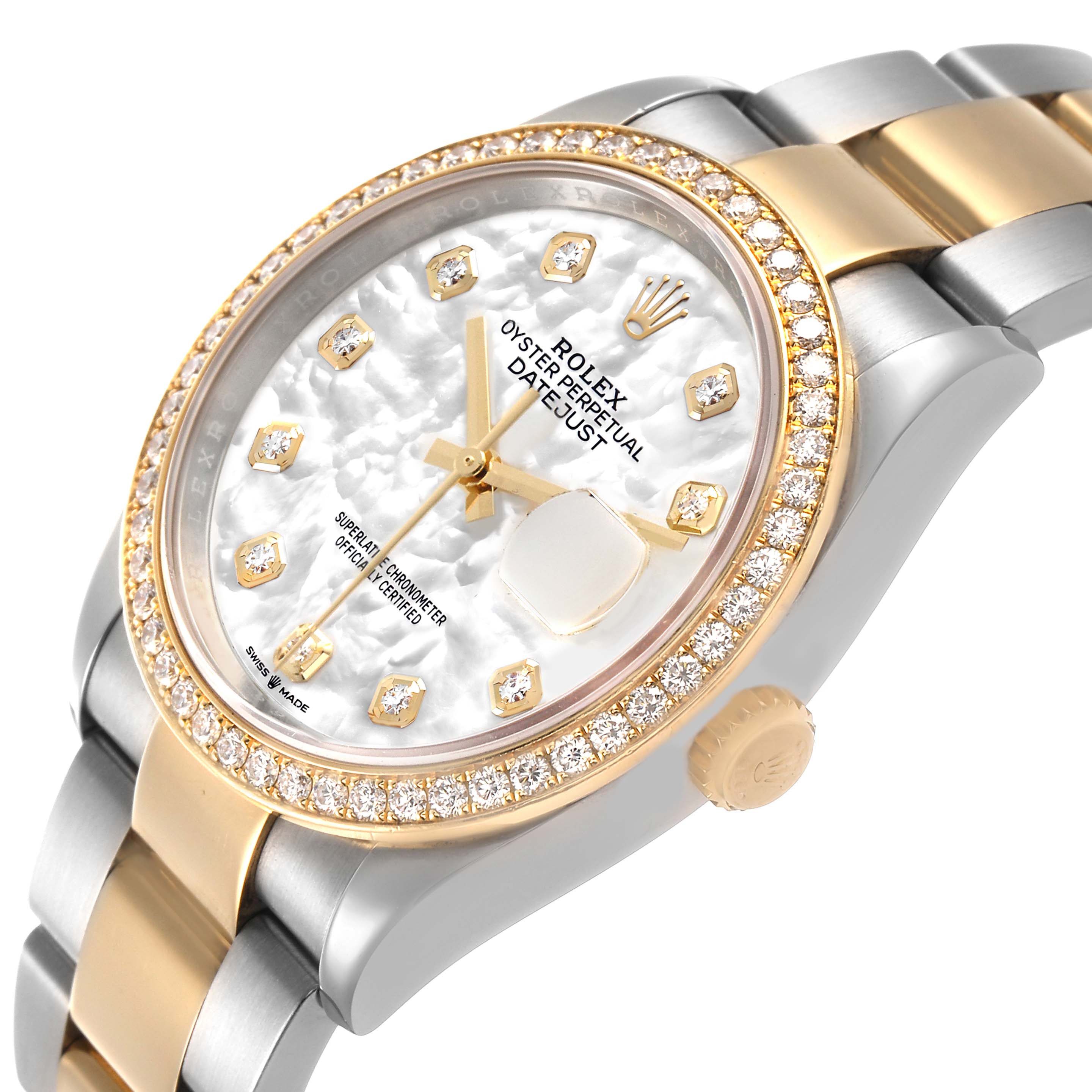 The Rolex Datejust 126283 Men's Steel and Gold (two tone) Mother of Pearl Dial is shown at an angle highlighting the dial, bezel, and part of the bracelet.