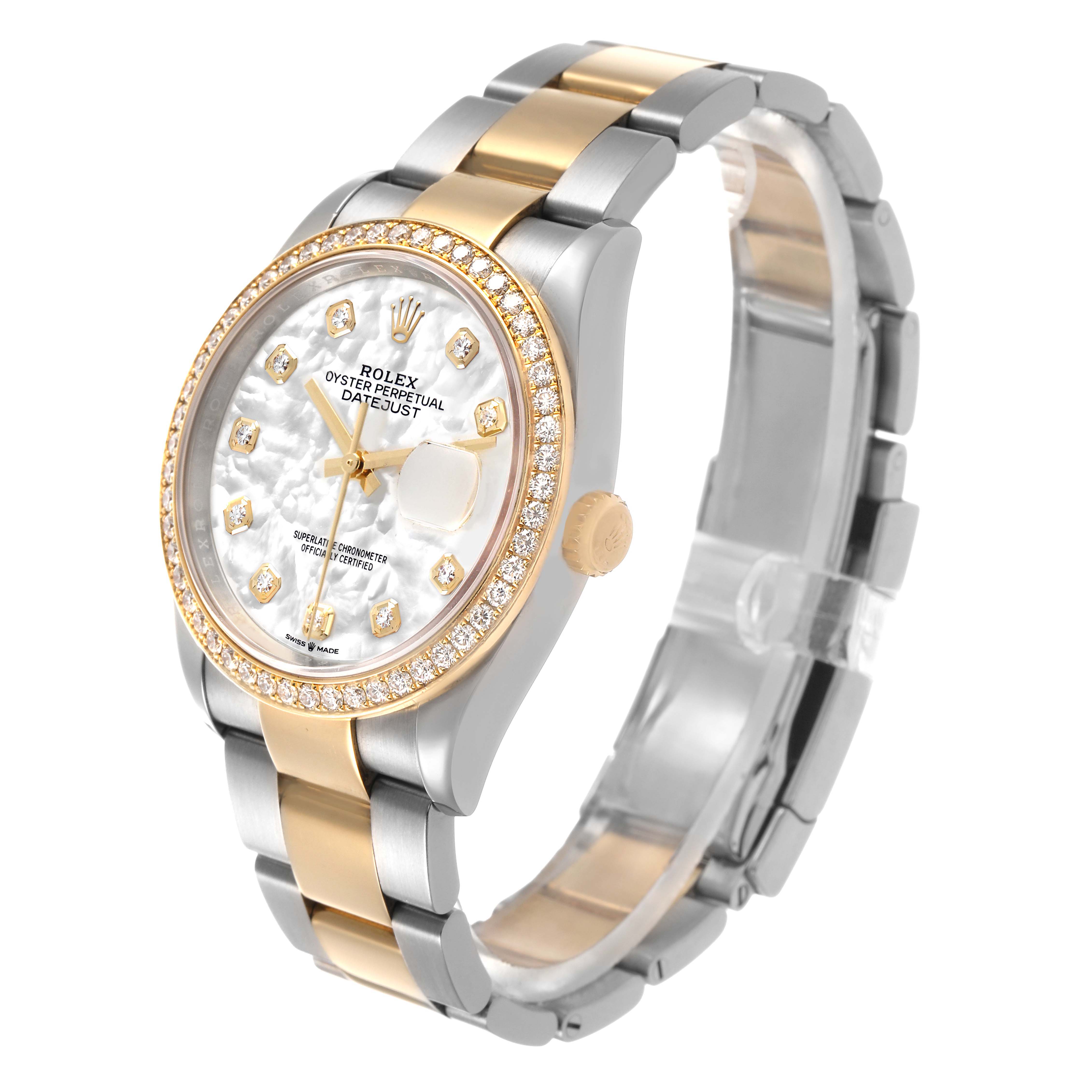 The image shows a side-angle view of a Rolex Datejust 126283 Men's Steel and Gold (two tone) Mother of Pearl Dial watch, highlighting the case, bracelet, and diamond-set bezel.
