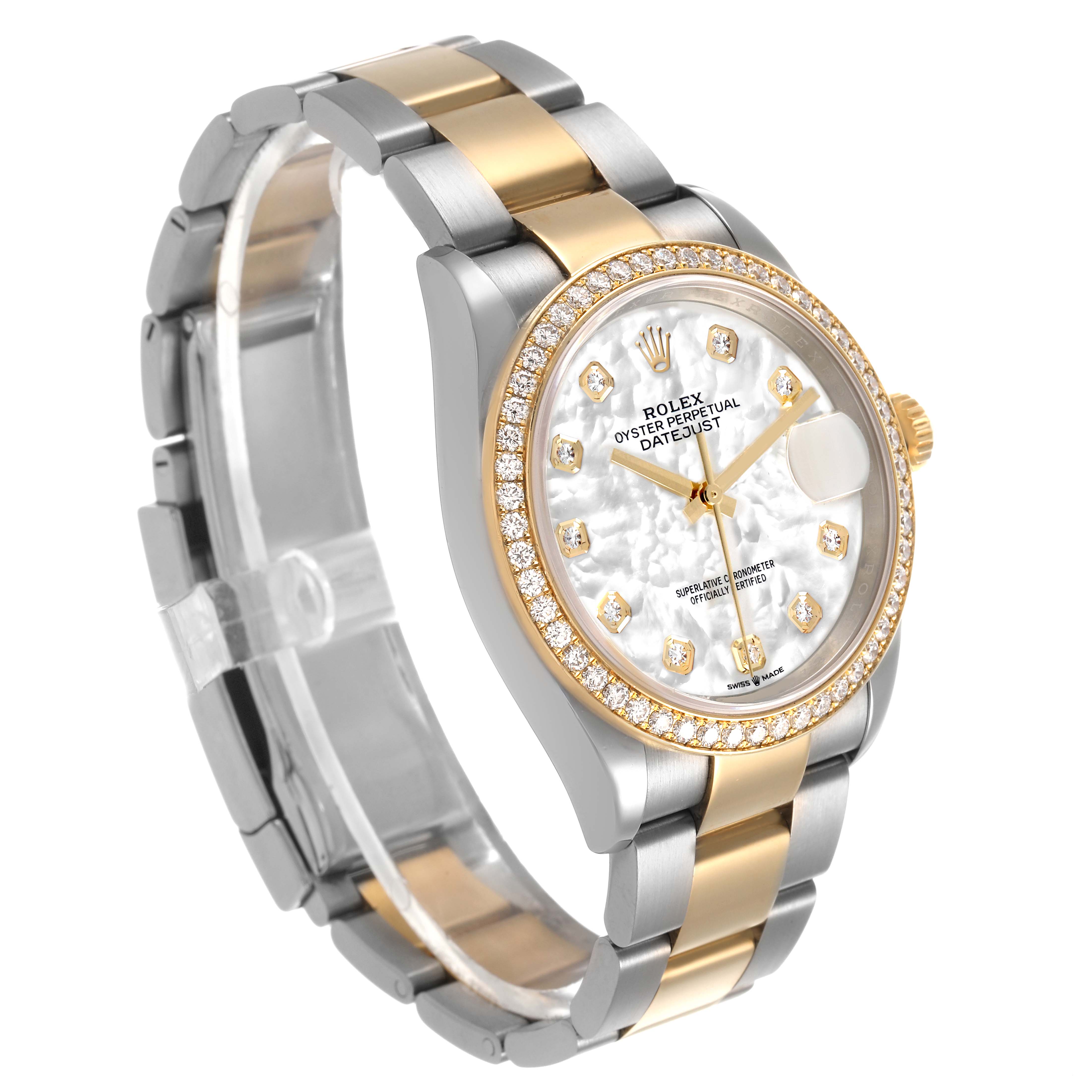 The Rolex Datejust 126283 Men's Steel and Gold (two tone) Mother of Pearl Dial watch is shown at a three-quarter angle, highlighting the face, diamond bezel, and two-tone bracelet.