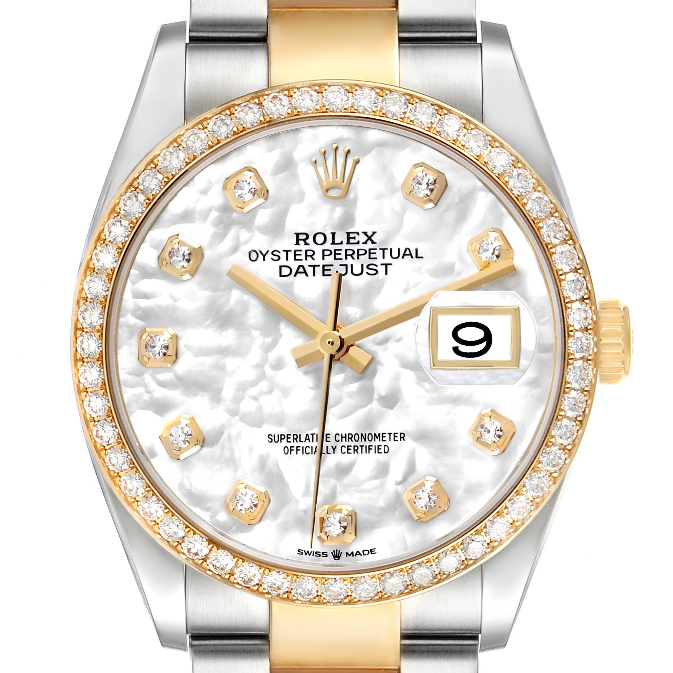 The Rolex Datejust 126283 Men's Steel and Gold (two tone) Mother of Pearl Dial watch is shown from a frontal angle, highlighting its diamond bezel, dial, hour markers, and date window.