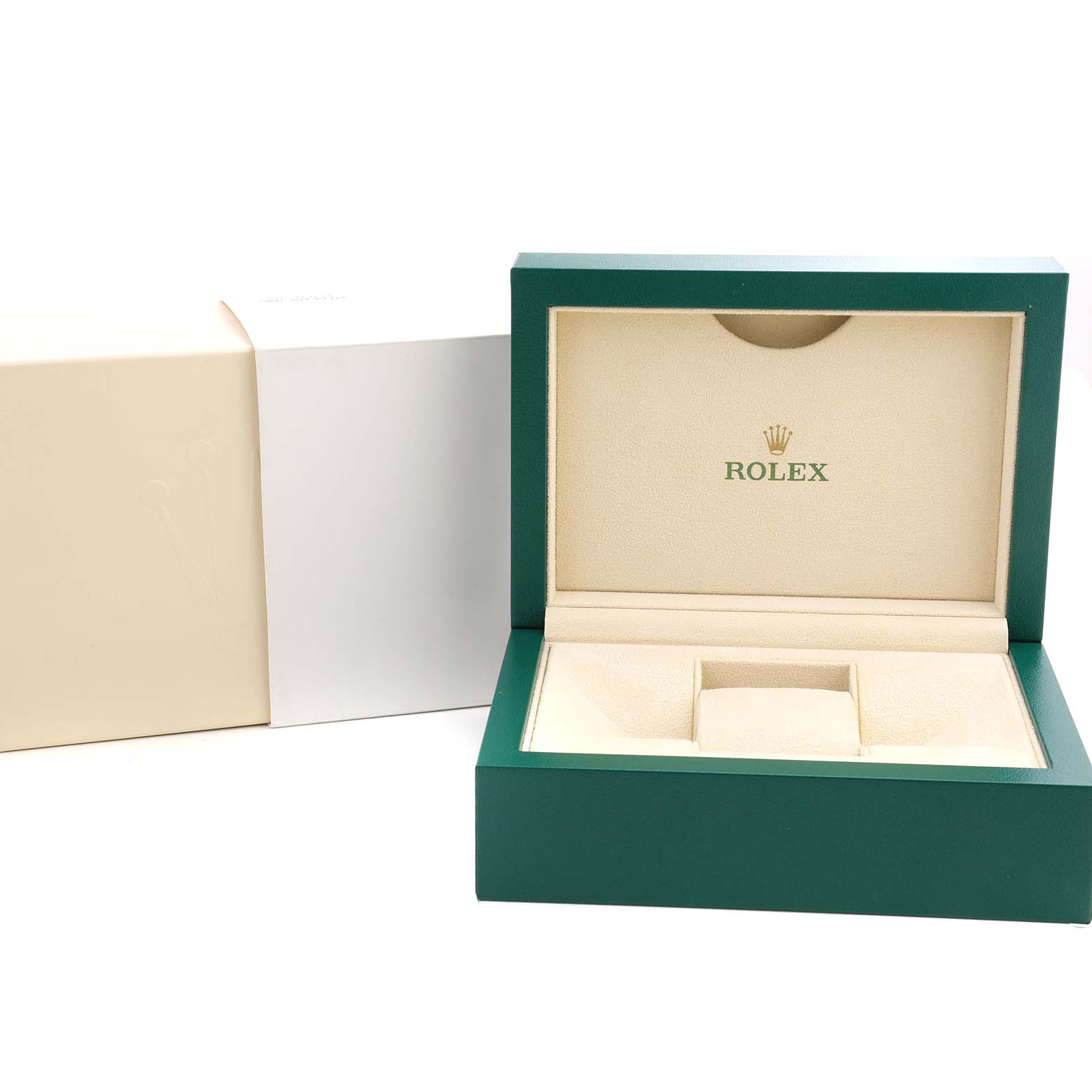 The image shows an open Rolex Datejust 126283 Men's Steel and Gold (two tone) Mother of Pearl Dial watch box at an eye-level angle, revealing the interior with Rolex branding.