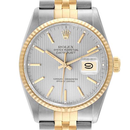 The Rolex Vintage Collection model is shown from the front, highlighting the face, bezel, crown, and bracelet.