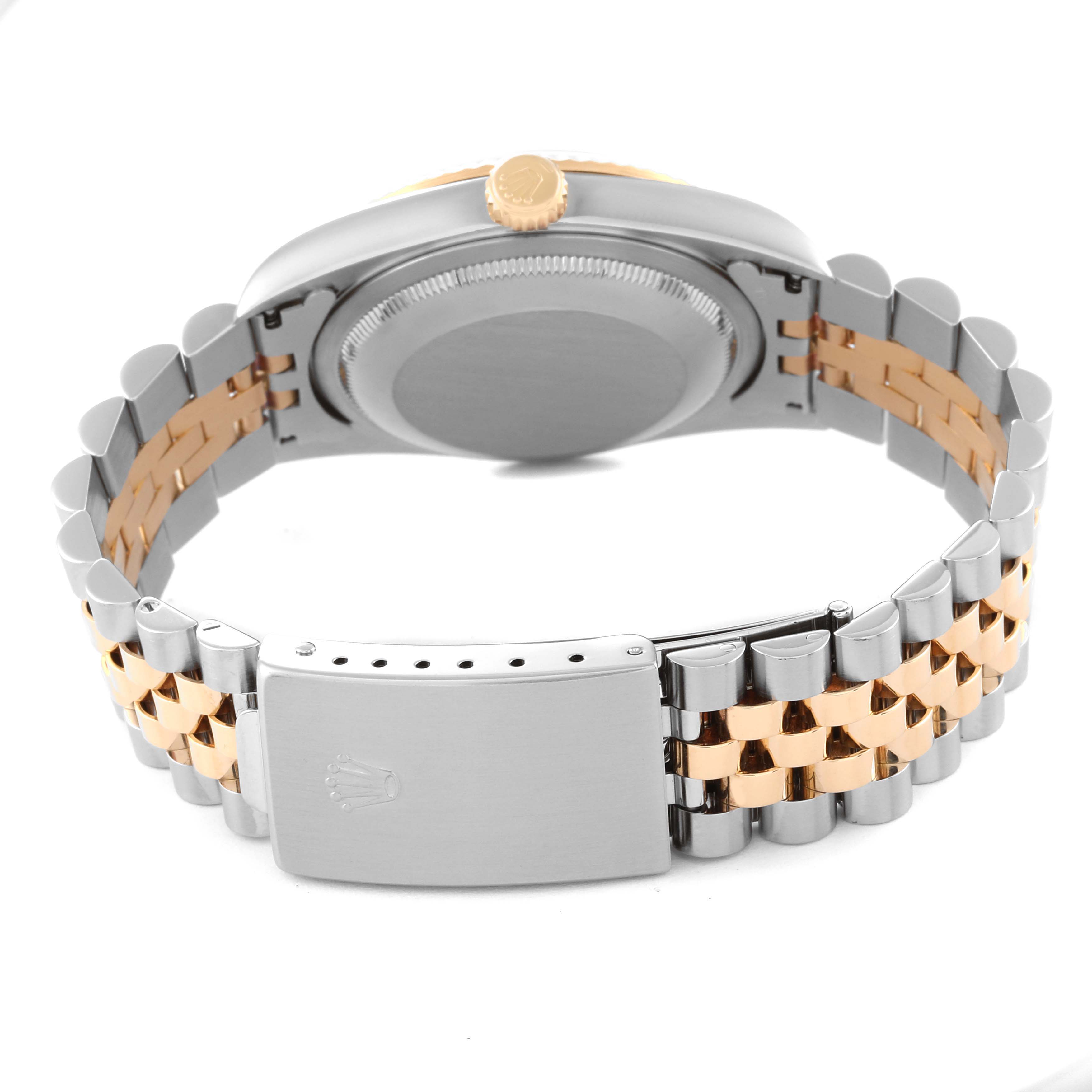 This image shows the back view of a Rolex Datejust 16233 Men's Steel and Gold (two tone) Grey Dial 16233 Men's Steel and Gold (two tone) Grey Dial watch, highlighting the case back, crown, and bracelet clasp.